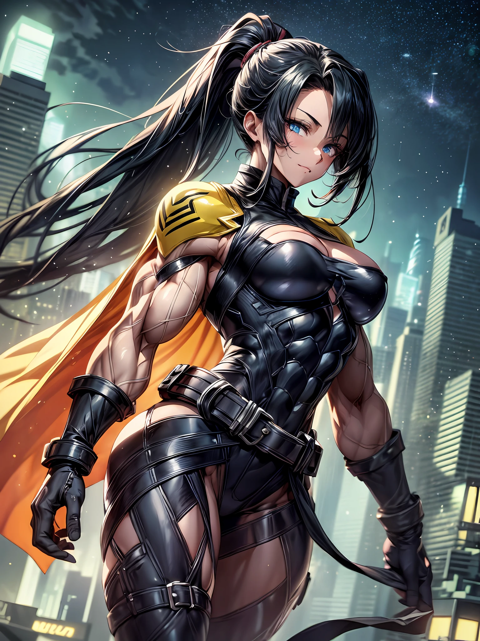 high contrast, (8K UHD:1.2), (photorealistic:1.2),(masterpiece:1.4), (best quality:1.4),extremely detailed wallpaper, highly detailed illustrations, (1 Girl), (best lighting) , (super-complex details) , 4K unified, (super-detailed CG: 1.2) , (8K: 1.2),(original), (masterpiece) , (best quality),(Masterpiece:1.4),Anime-ish high quality,(pov), nanashimura, \(boku no hero academia\), yellow gloves, black hair, long hair, folded ponytail, mole under mouth, cape, white cape, large breasts, blue eyes, sleeveless, full body bodysuit, hair between eyes, belt, boots, yellow footwear, fearless smile, muscular female, (from side, upright levitation and stylish pose, city buildings and night sky), anime picture, art cg, (ultra-detailed:1.3), masterpiece, best quality, illustration, particle lighting, beautiful detailed glow, an extremely delicate and beautiful, gleaming skin, shiny hair, detailed and delicate costumes,((muscular,muscles))