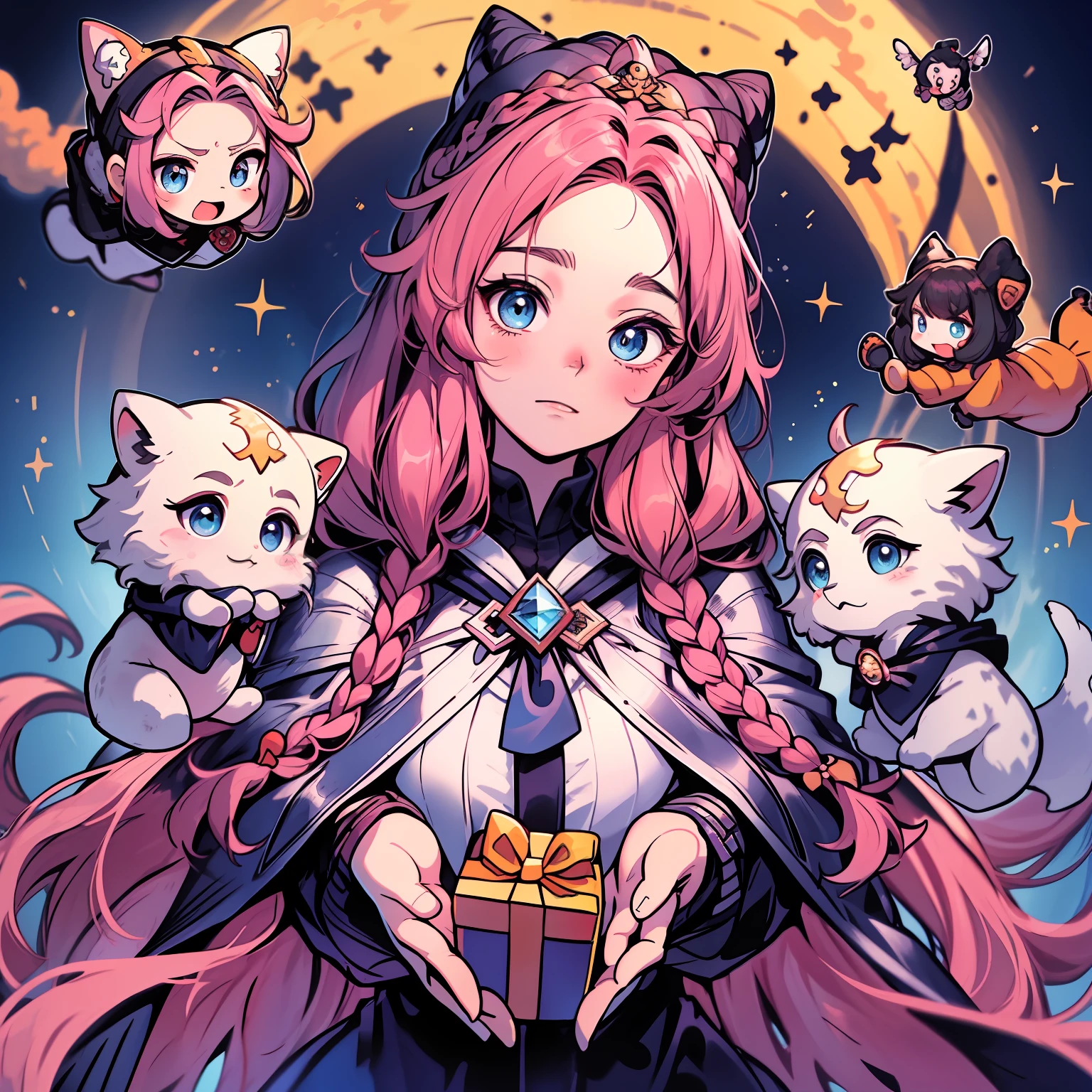 Best quality, 巨作, ultra-high-resolution, absurd , Cancer zodiac sign , Cancer – Artemis . Often referred to as the moon goddess, Artemis is best known for her magical powers,This enables her to give the gift of immortality and healing. Those born under Cancer are said to possess the same traits as Artemis, making them determined, Courageous, and careful. In addition to ruling the moon, Artemis is also nicknamed the mistress of animals, becasue she is famed for her hunting skills and ability to heal wounded people and creatures. Some people think that Cancer has a hard and serious appearance。, yet a soft and nurturing side. Long hair , deep pink hair , Ocean blue eyes , Beautiful eyes , moonlight,9 grids,9 emoji packs,9 poses and expressions,Disney style,Black strokes,Different emotions,8K