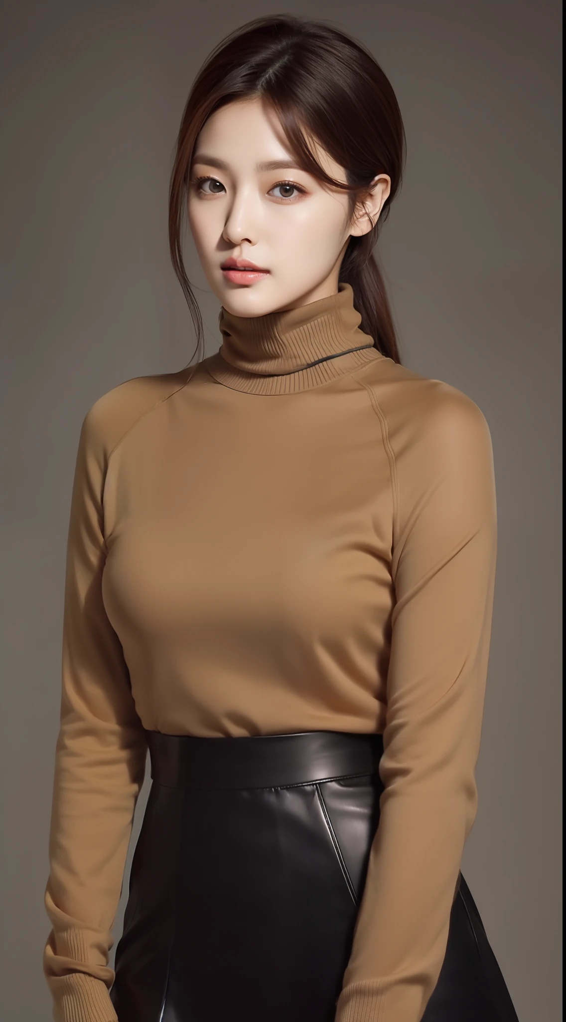 arafed woman in a tan turtleneck and black skirt posing for a picture, Wearing tight simple clothes, korean female fashion model, heonhwa choe, wearing tight shirt, in white turtleneck shirt, wearing turtleneck, Gorgeous young Korean woman, female actress from korea, Korean Woman, lee ji - eun, lee ji-eun