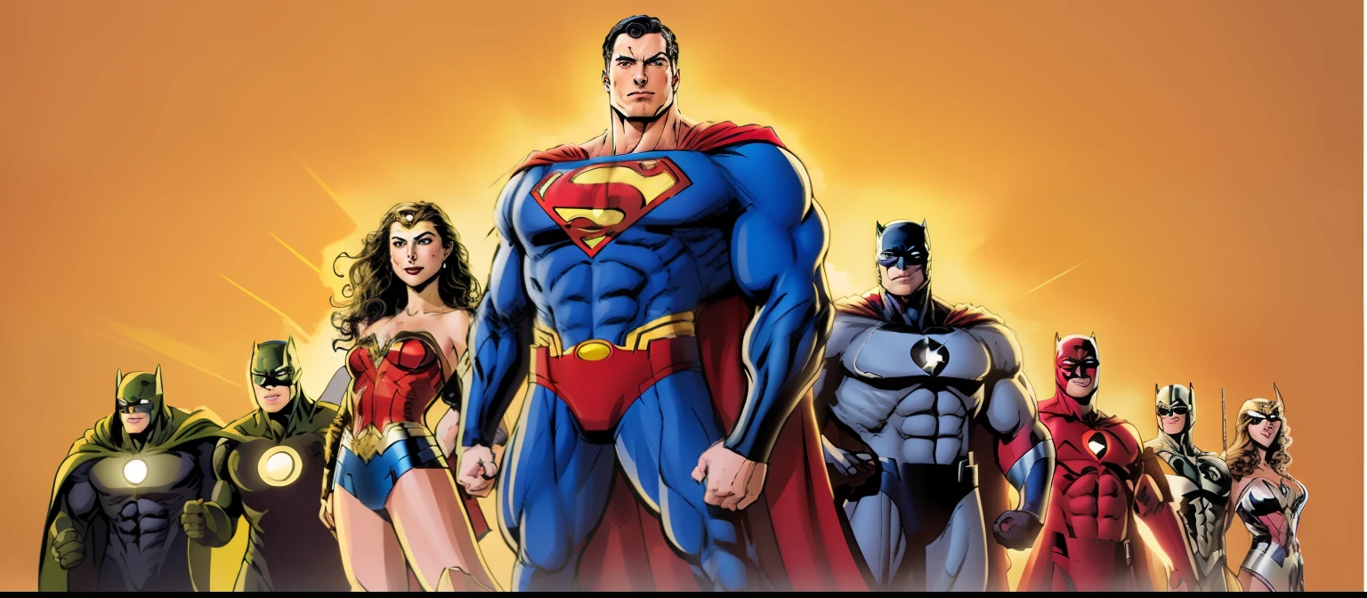 a close up of a group of superheros standing in front of a yellow background, Estilo de Arte DC Comics, Estilo da DC Comics, Estilo DC Comics, justice league, Realistic live action version