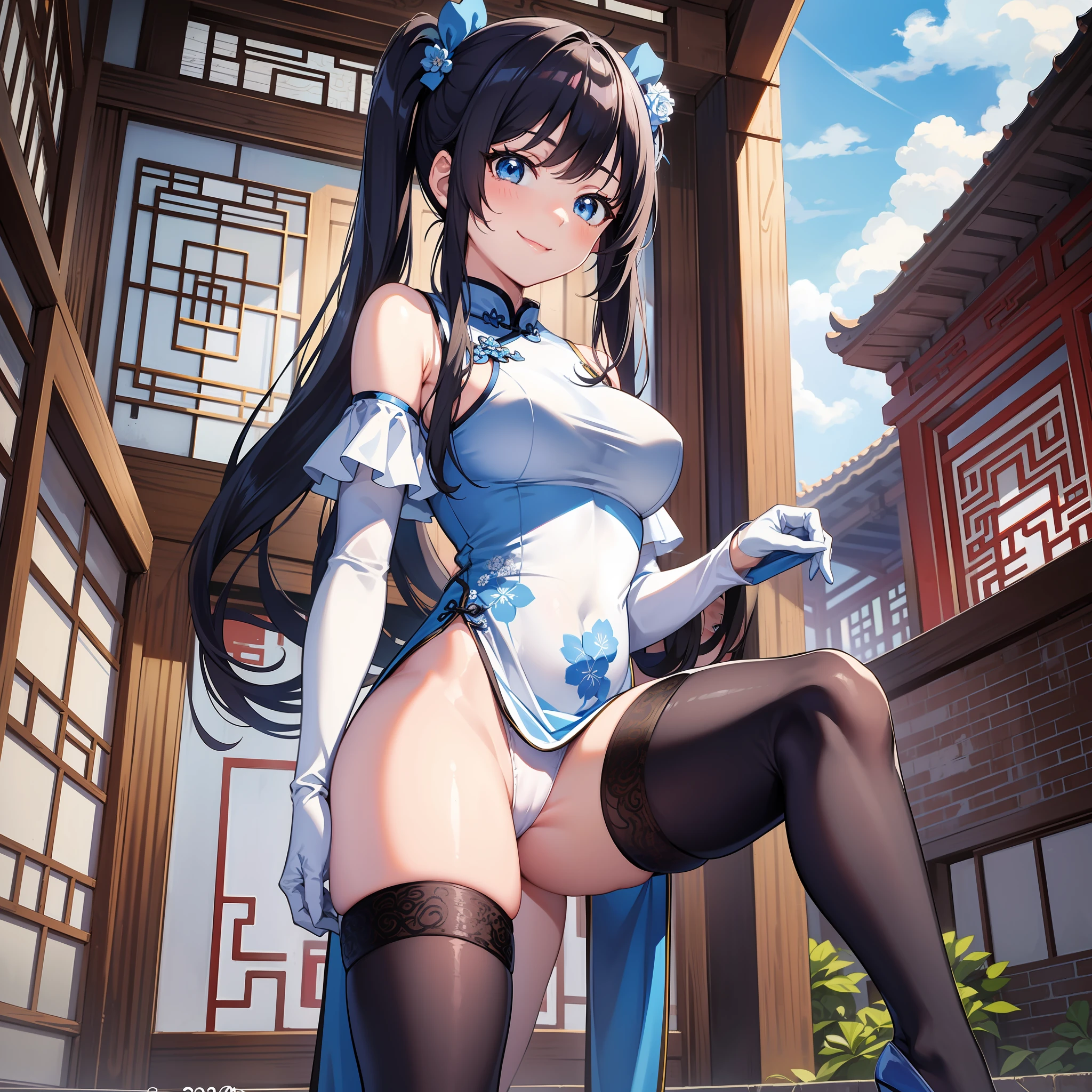 Anime Girl with long thin hair in 2 pigtails and blue ties, anime girl with black hair, off shoulder, Using a white blue short cheongsam, blue stocking, attack sttyle, Front of traditional Chinese building, blue eyes, masterpiece, UHD, Big eyes, blue high heels, White gloves, Chinese outfit, White panties, kick, smile
