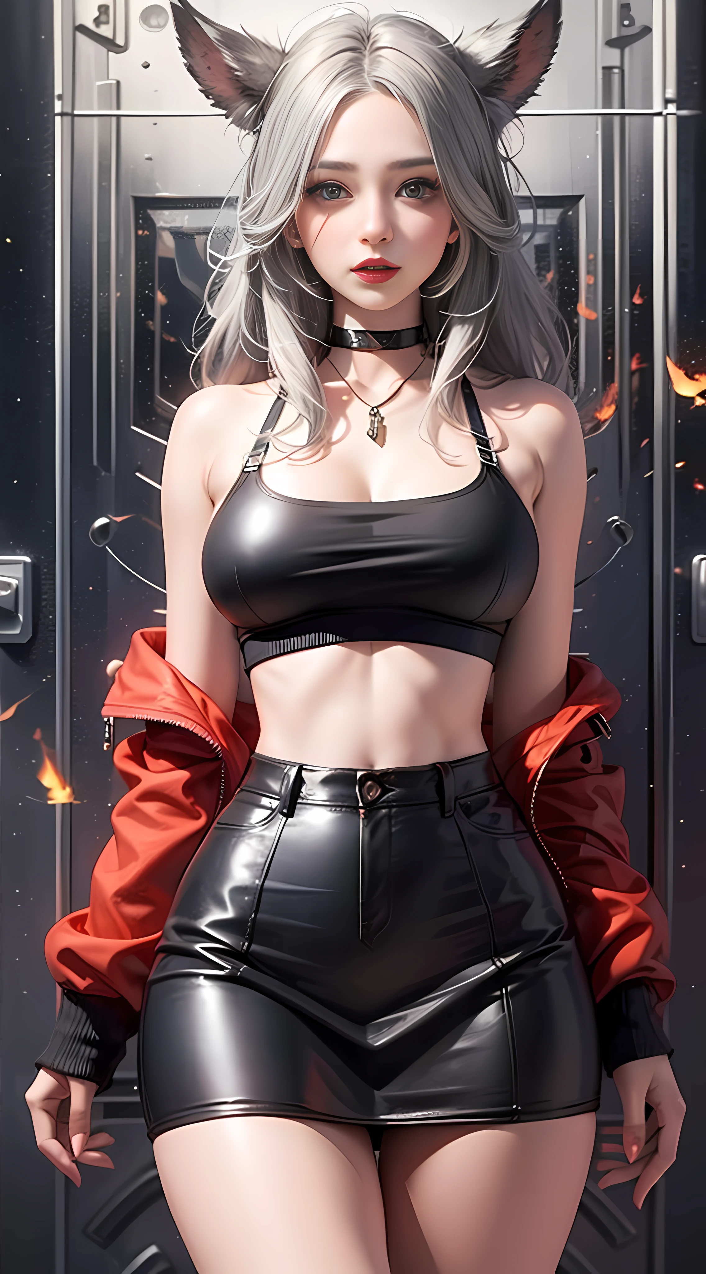 Ultra high quality,8K,Giant Breast Girl,Sexy and feminine, high and cold,Dark beauty,Enchanting,The head proportions are perfect,Gray hair,Wear a sweatshirt monogram print, Short red high-waisted skirt,Flaming red lips,Swan neck,chokers,O sol brilha intensamente,smallbreast,