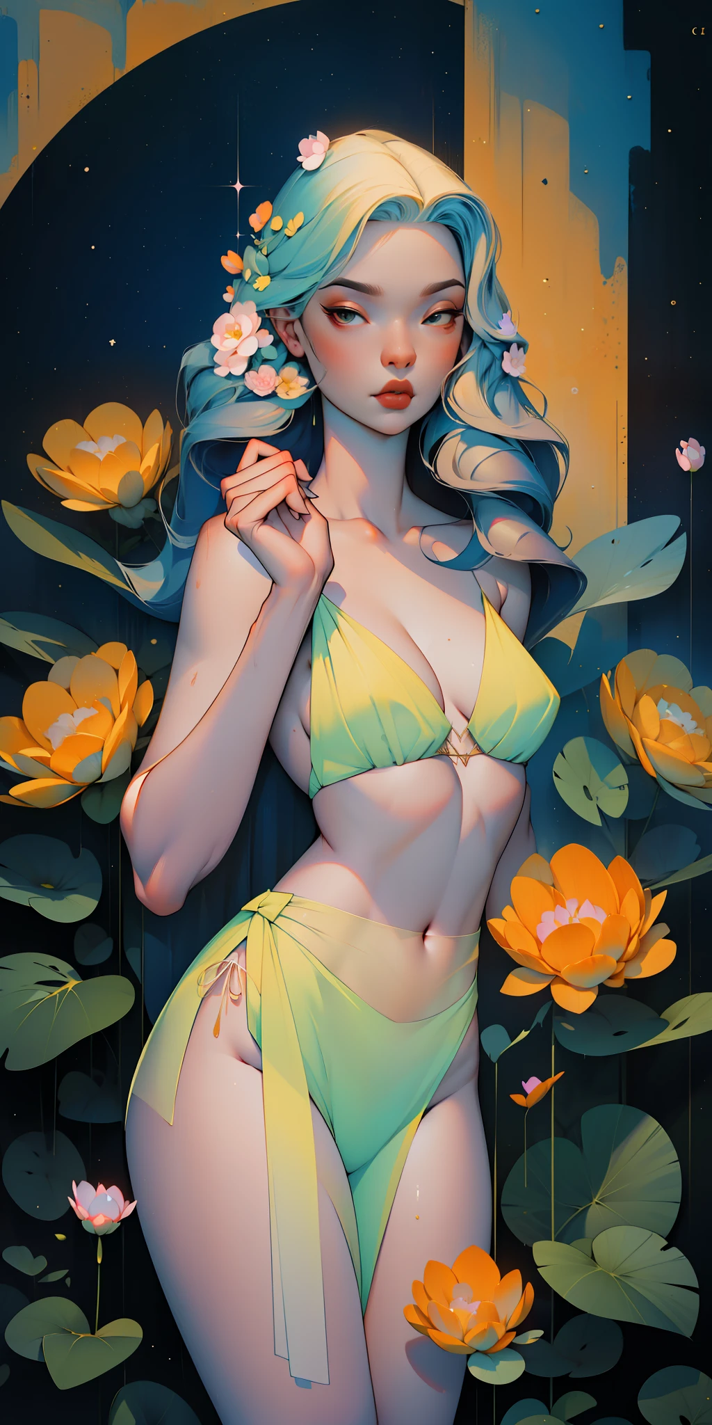 peony/lotus/cornflower/wheat/mallow/ chamomile/poppy/Wildflowers,professional,abstract beauty,approaching perfection,Dynamic,Highly detailed,digitally painted,Artstation,Concept art,Smooth,sharp-focus,an illustration,Artists: by Carne Griffiths, Wadim Kashin,leonid afremov,kandinsky,Psychedelic,watercolour,crystals foil,stylish,fantastic,gold,colorful neon, s face, waist-high, portrait of a, up close, near, queen, a goddess, A glorious sunrise, aura, glow, multi-colored bright aurora borealis, Spectrum Rainbow,Colored feathers, In a chic, lavender white mint hair, pastel, mixed-language_SMS, (beautiful and clear background:1.2),, fantastic paintings , olhos altamente detalhados, crystals, outer space, galaxy, Gorgeous hair, Background Flora Peony, poppy, hydrangea, Plants. Loving. Love. ultra detail hair, Best Quality, high qulity, high resolucion, detail enhancement, ((most beautiful image in the world)), Masterpiece, Best Quality, High Quality Detail Enhancement, ((most beautiful image ), Shiny hair, Ultra chic lace panties, Topless, naked body, curvy chic body, Stampa Flores, art by stjepan sejic, art by j scott campbell, art by guillem march, art by citemer liu, 4k, high resolucion, comic book character, comic, high quality detailed, style of ::2.0 comix illustration style,tatoon style, high qulity, high resolucion, detail enhancement, 8K, HD, Best Quality, high qulity, high resolucion, detail enhancement, 8K, HDR, sharp-focus, Ultra Detailed, perfect lighting, Curvy Body, Lush big breasts, Curvy big hips, sparks, Stars, The Cycle of the Stars