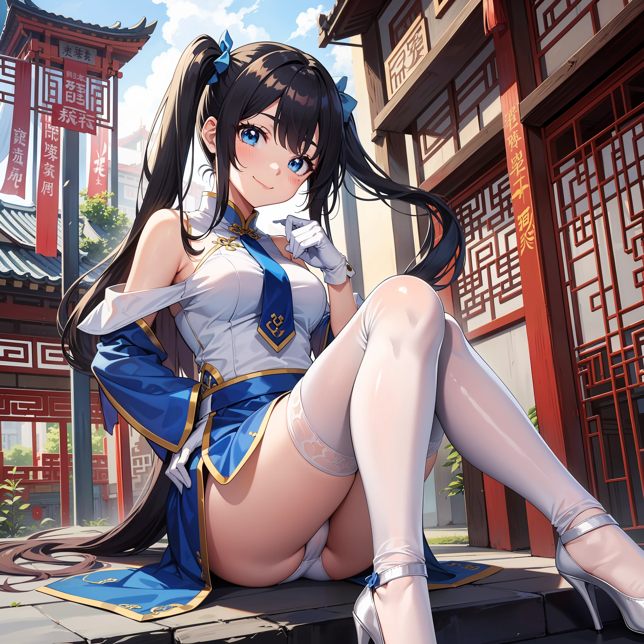 Anime Girl with long thin hair in 2 pigtails and blue ties, anime girl with black hair, off shoulder, Using a white blue short cheongsam, blue stocking, attack sttyle, Front of traditional Chinese building, blue eyes, masterpiece, UHD, Big eyes, blue high heels, White gloves, Chinese outfit, White panties, kick, smile