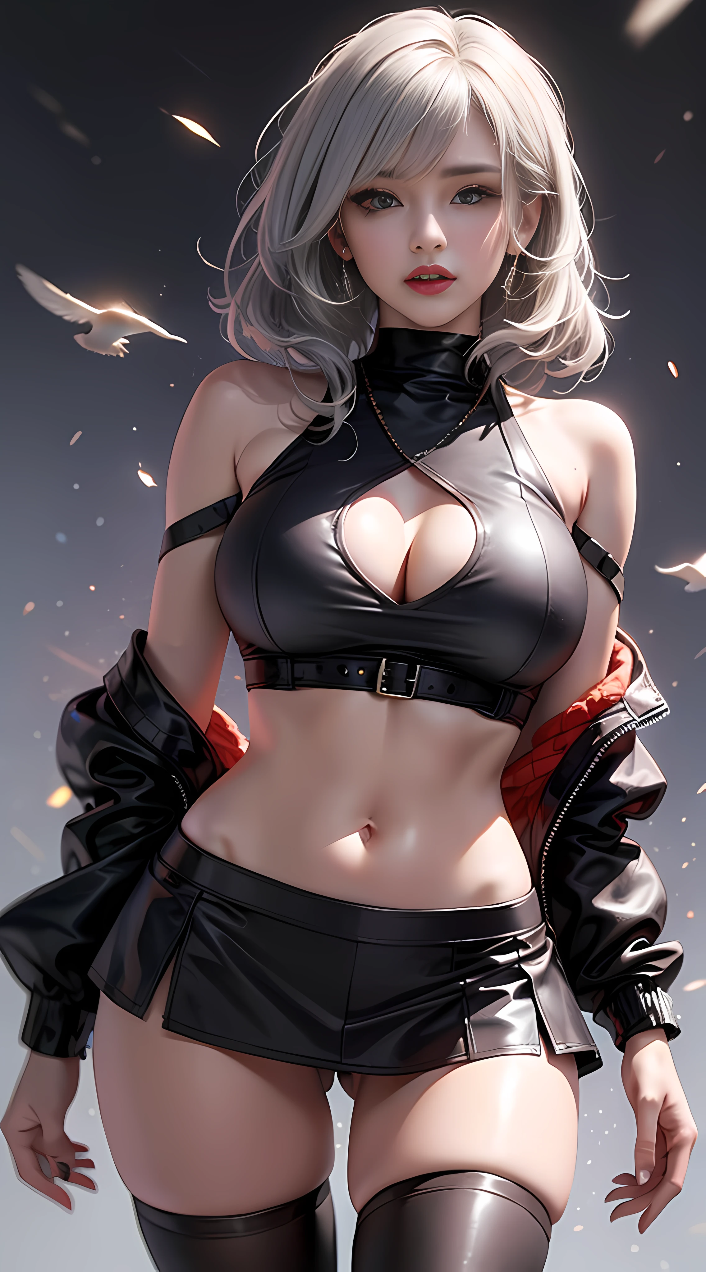 Ultra high quality,8K,Giant Breast Girl,Sexy and feminine, high and cold,Dark beauty,Enchanting,The head proportions are perfect,Gray hair,Wear a sweatshirt monogram print, Short red high-waisted skirt,Flaming red lips,Swan neck,chokers,O sol brilha intensamente,smallbreast,