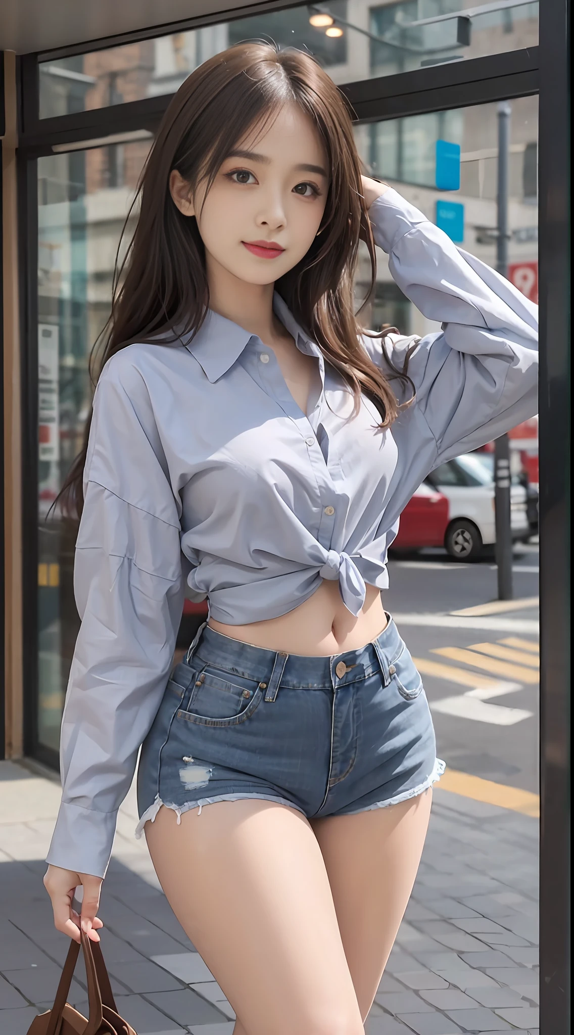 ulzang-6500-v1.1,(OriginalPhoto:1.2), (Photorealistic:1.4), beautiful detailed girl, very detailed eyes and faces, Beautiful detailed eyes,Smile with， hugefilesize, Ultra-detailded, high resolucion, Heavily detailed，最佳质量，nmasterpiece，（（Short floral shirt）），（No leakage），（Physiognomy lens），illustration，Heavily detailed，CG，8k Wallpapers，Amazing，finely detailled，nmasterpiece，最佳质量， Wallpapers，light on face，cinamtic lighting, 1girls, 16 years old,flowing long hair，（perfectbody），The thighs are firm and slightly fat，(((standing pose)))，(Camel toes)，(Medium view)，tight denim shorts，（The background is a beautiful seaside，Clear sea，Clean sandy beach）