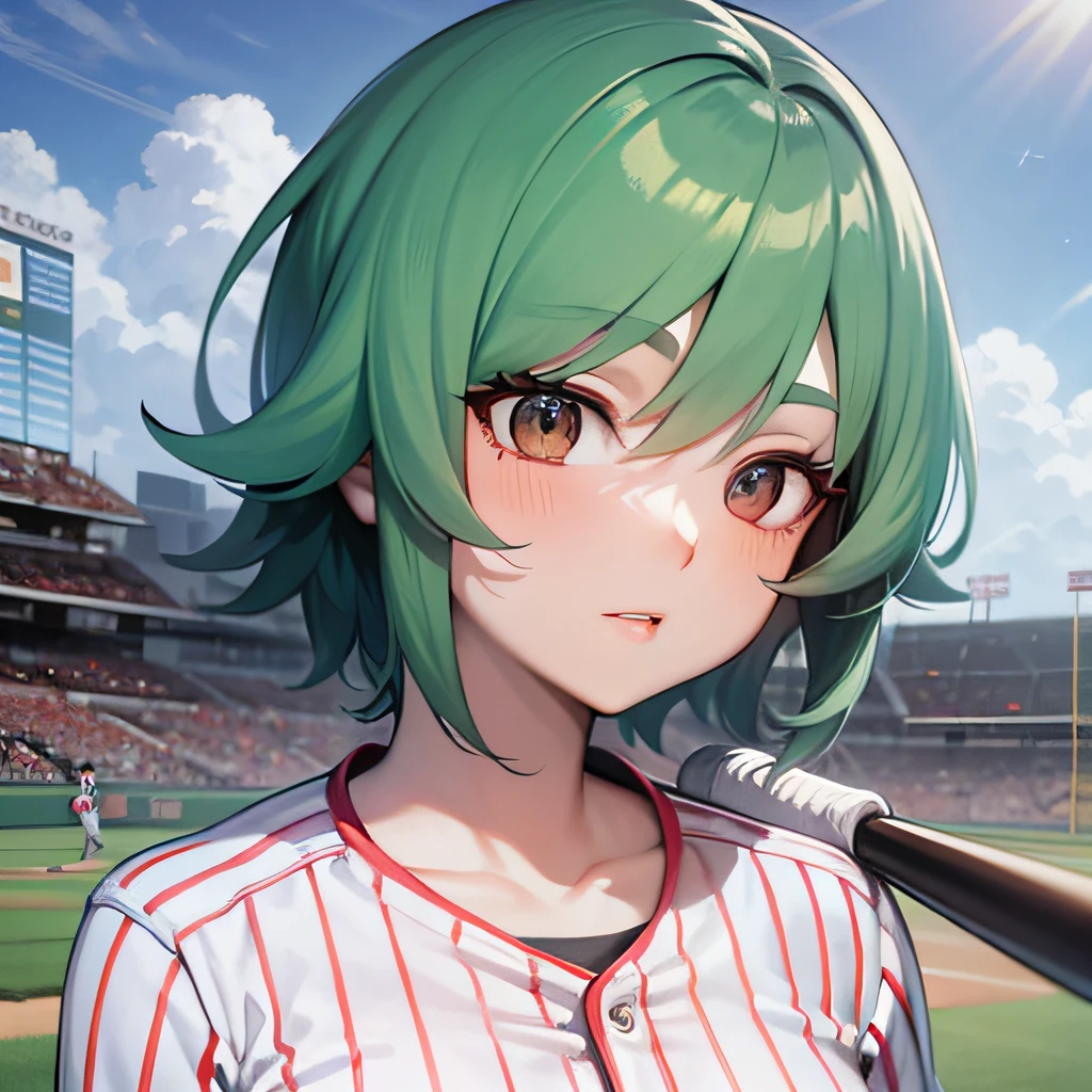 Beautiful anime portrait of an athletic woman with long blue-green hair playing baseball, brown eyes, competitive, focused expression, baseball bat, baseball uniform, outside, baseball field, sunny, masterpiece, ultradetailed, official art, 8k, volumetric lighting,