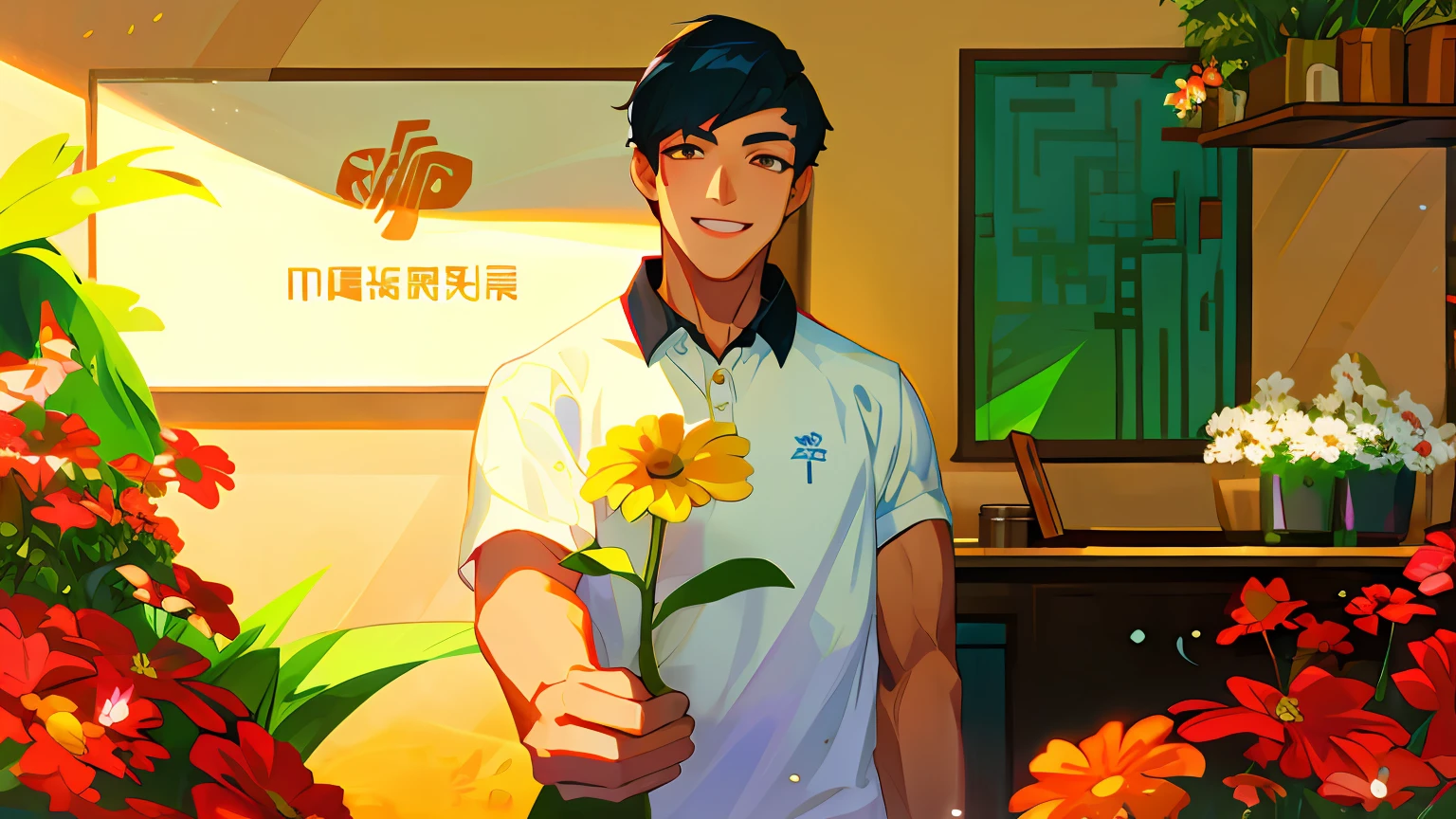 male people，oriental face，black color hair，White polo shirt，Red daisy in hand, kanji，Smile with，Sun'rays，Lots of flowers，High-precision illustration