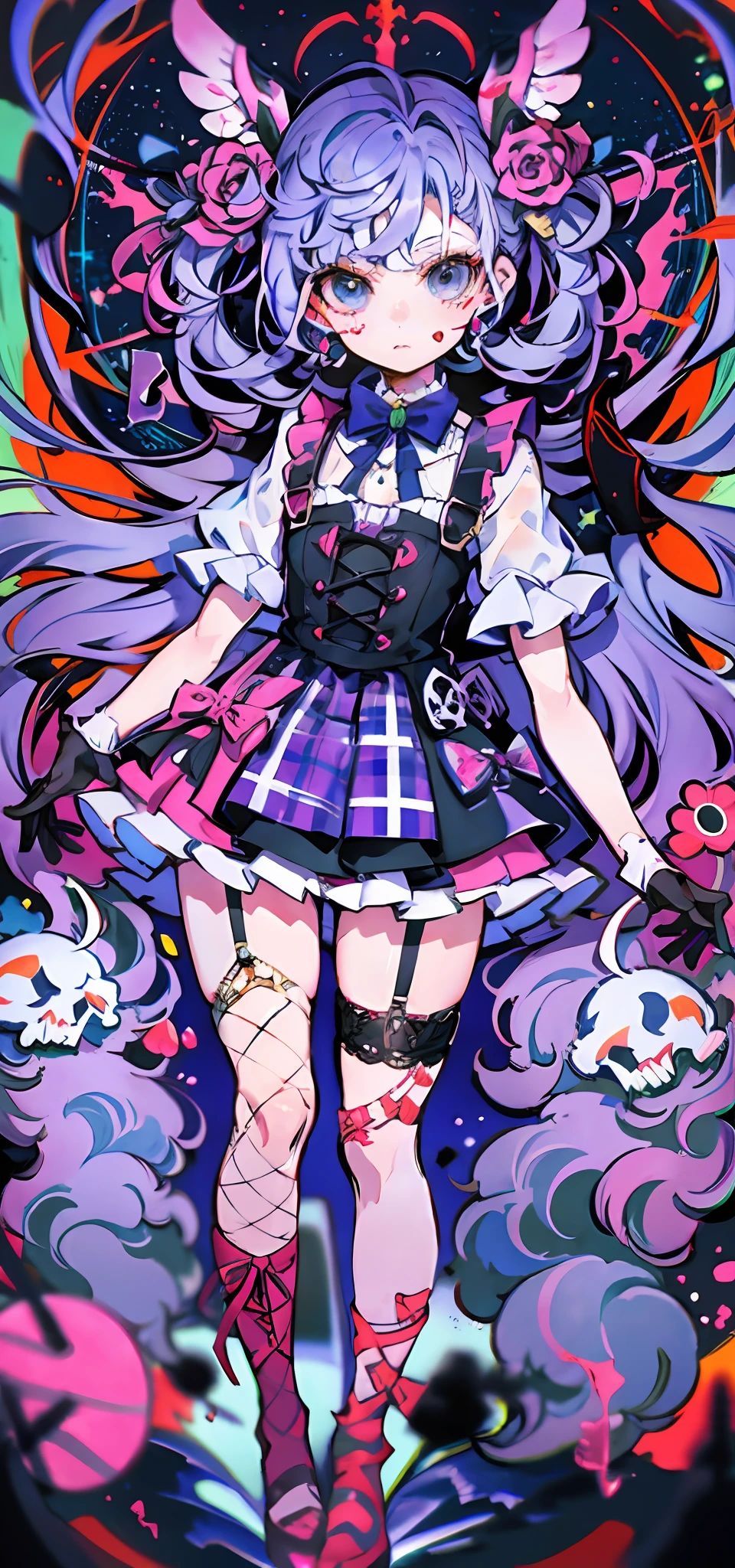 vampiric，fang，Plaid dress，Bow，****ta fashion，****ta style，Anime girl role play，Lori，Cutes， Angelic beauty， Lori， Portrait of ****ta girl， Purple lattice， y 2 k ，Y2K，Emo style，non-mainstream，Red checkered，Mines are girls，Harajuku style，Exaggerated dressing，Intricate ornaments，Rock style，Gothic style，rivet，耳环，two color hair，Pink and blue hair，Purple plaid skirt，Half-cut gloves，Leg Ring，Suspenders，Metal jewelry，skeletons，Love，blood，Maniacal laughter，Sick，fishnet stockings，Unilateral eye patch，crosses，Moonlit Night，Thorny rose，Dramatic composition，volumettic light