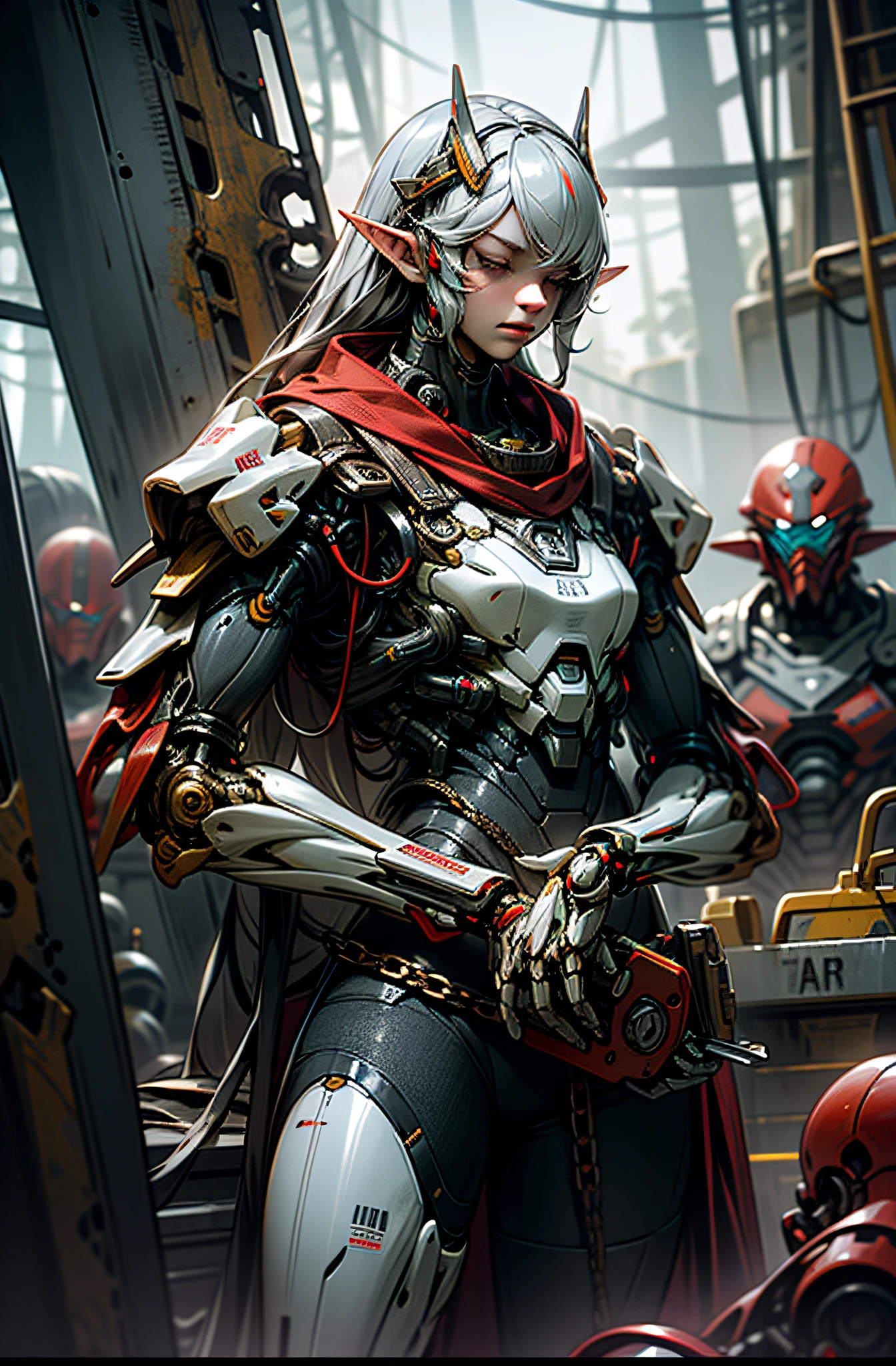 Dark_Fantasy,Cyberpunk,(chain saw,chain saw man,Red:1.1),1man,Mechanical marvel,Robotic presence,Cybernetic guardian, wearing a worn-out mech suit, intricate, (steel metal [rusty]), elegant, clear focus, New Star Ambassador Contest, elven girl , with mecca armor