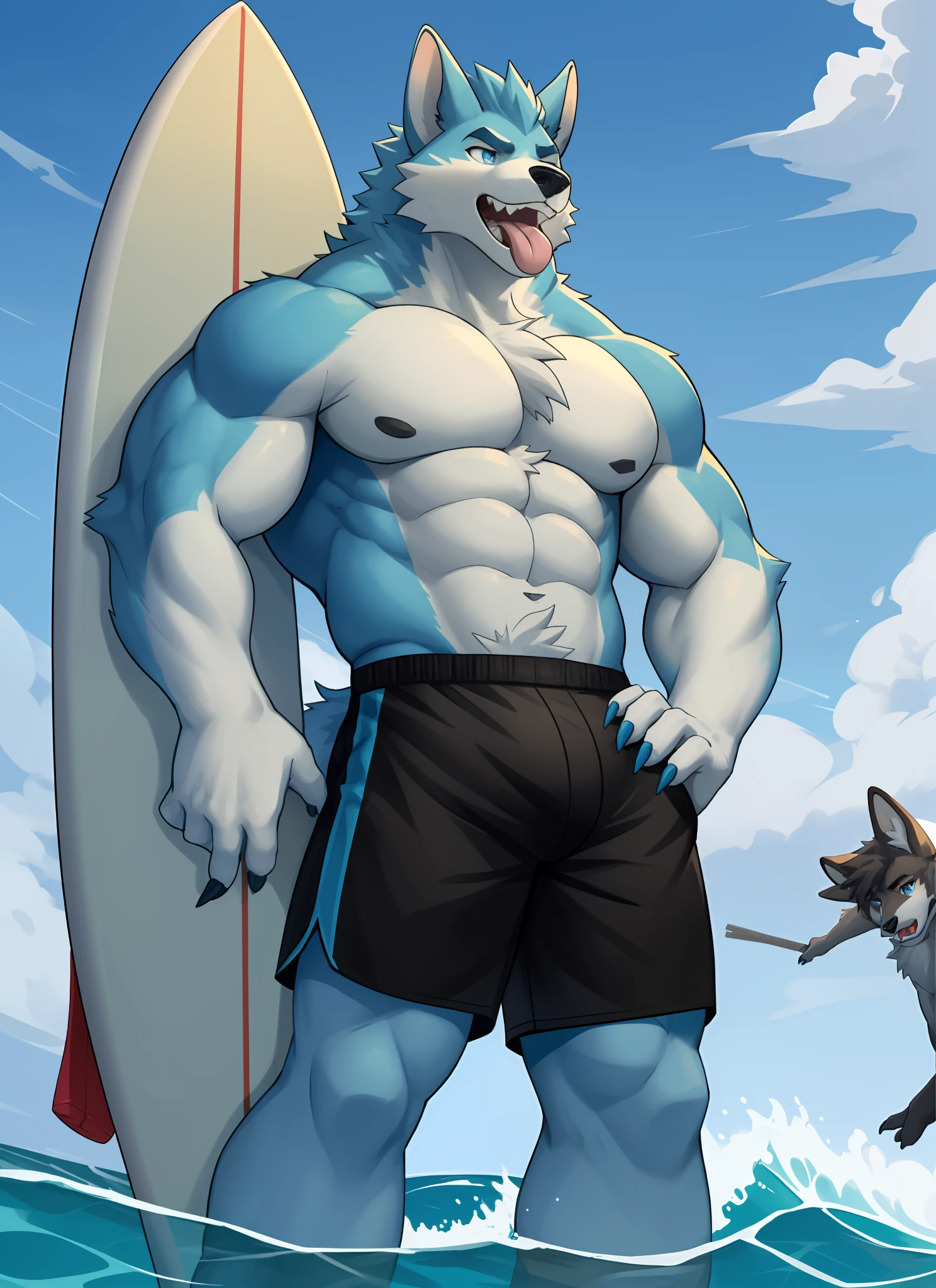 独奏,1boys, Male focus, very muscular, chest muscle, mucular male, Briefs, Sharp nails, During the Day,afloat, Long hairs, Blue fur,Thick legs,Lewd expression,独奏,solo person,swimshorts,Only one person!Cross your hands at the waist,Blue pupil,eye closeup,surfboard,Surfing,ocean swells,Stick out your tongue