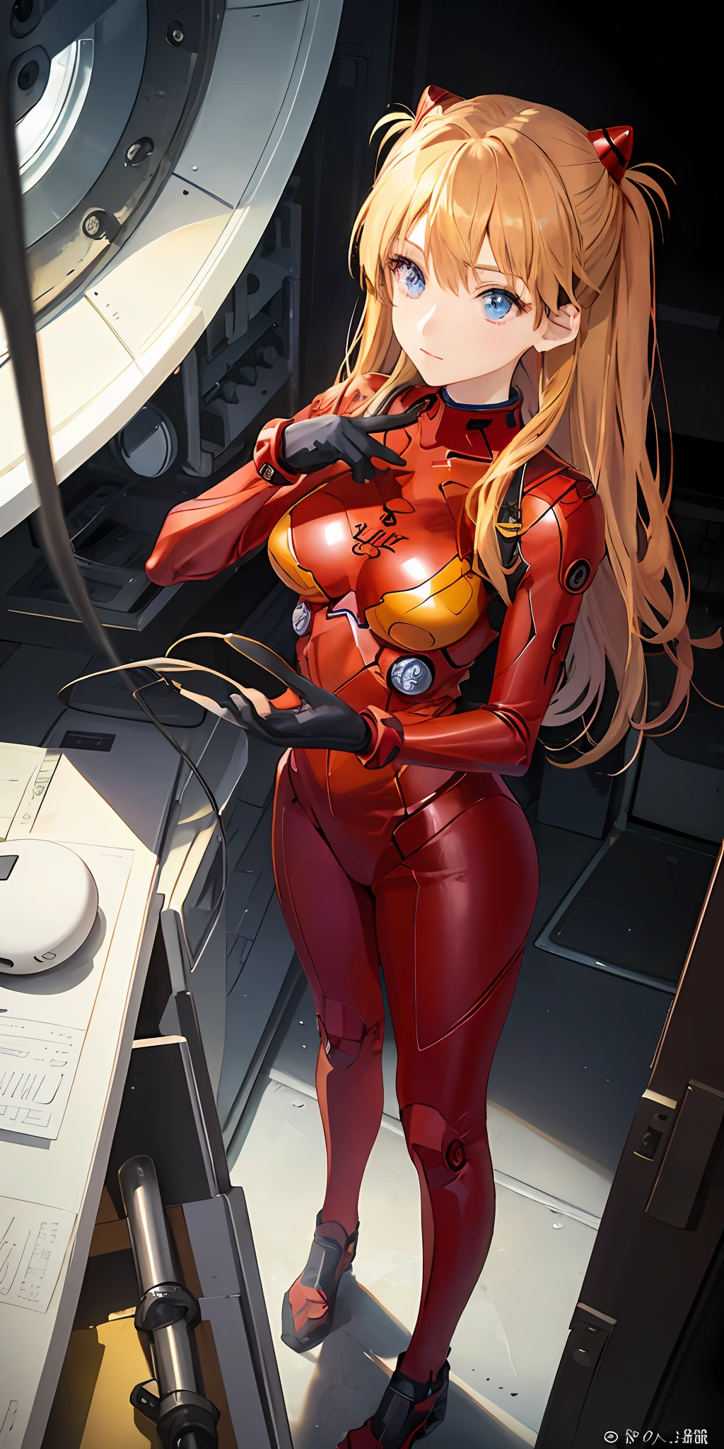 (Overhead view),dynamic angle,ultra-detailed, illustration, close-up, straight on, 1girl, 
 ((souryuu asuka langley, interface headset, red bodysuit:1.4, blonde)),Her eyes shone like dreamy stars,(glowing eyes:1.233),(beautiful and detailed eyes:1.1),(expressionless,closed mouth),(standing), 
(mechanic room with toolsand spaceship windowin a white SPACESHIP),
(night:1.2),dreamy, [[delicate fingers and hands:0.55]::0.85],(detail fingers),