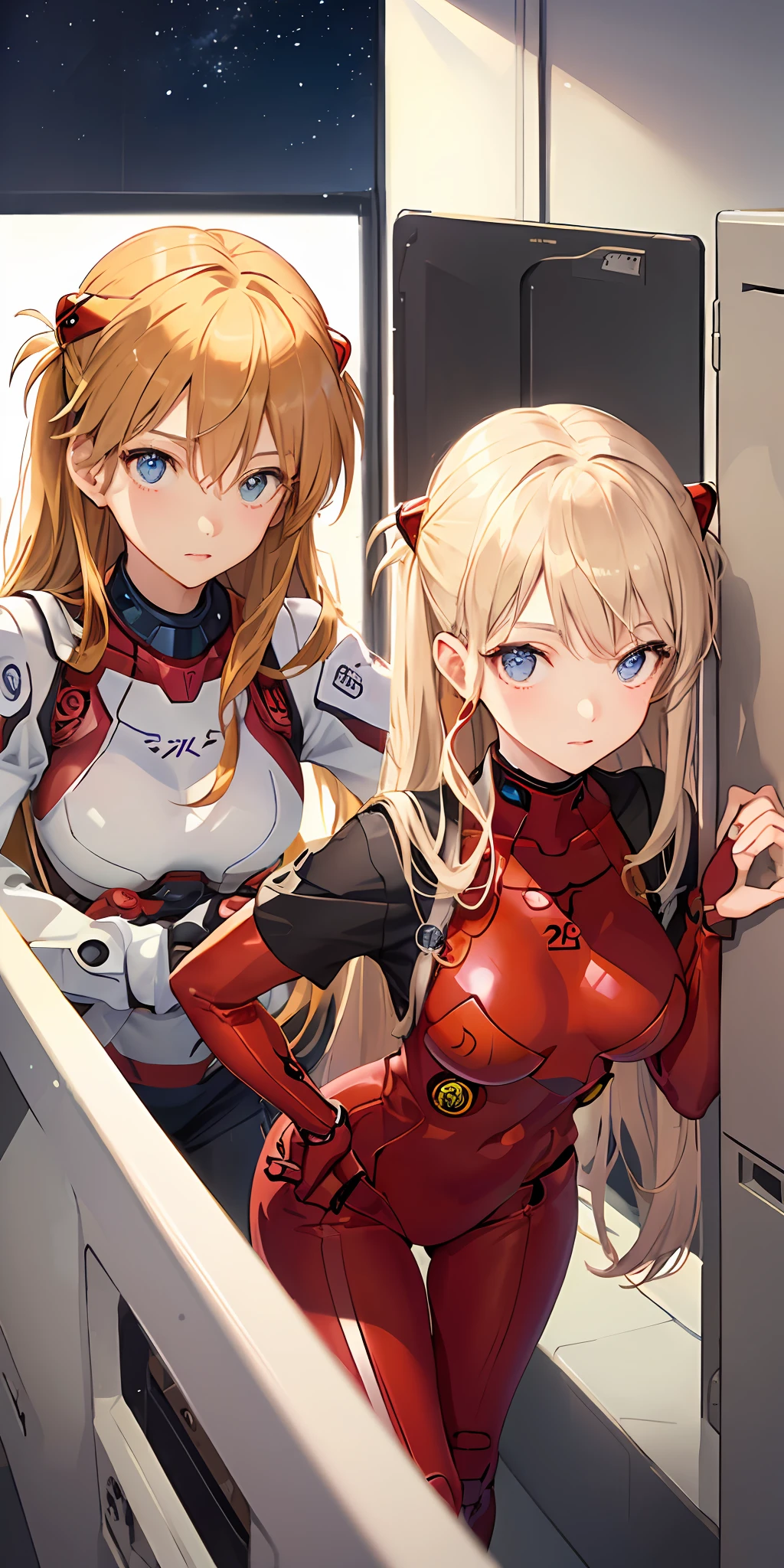 (Overhead view),dynamic angle,ultra-detailed, illustration, close-up, straight on, 1girl, 
 ((souryuu asuka langley, interface headset, red bodysuit:1.4, blonde)),Her eyes shone like dreamy stars,(glowing eyes:1.233),(beautiful and detailed eyes:1.1),(expressionless,closed mouth),(standing), 
(mechanic room with toolsand spaceship windowin a white SPACESHIP),
(night:1.2),dreamy, [[delicate fingers and hands:0.55]::0.85],(detail fingers),