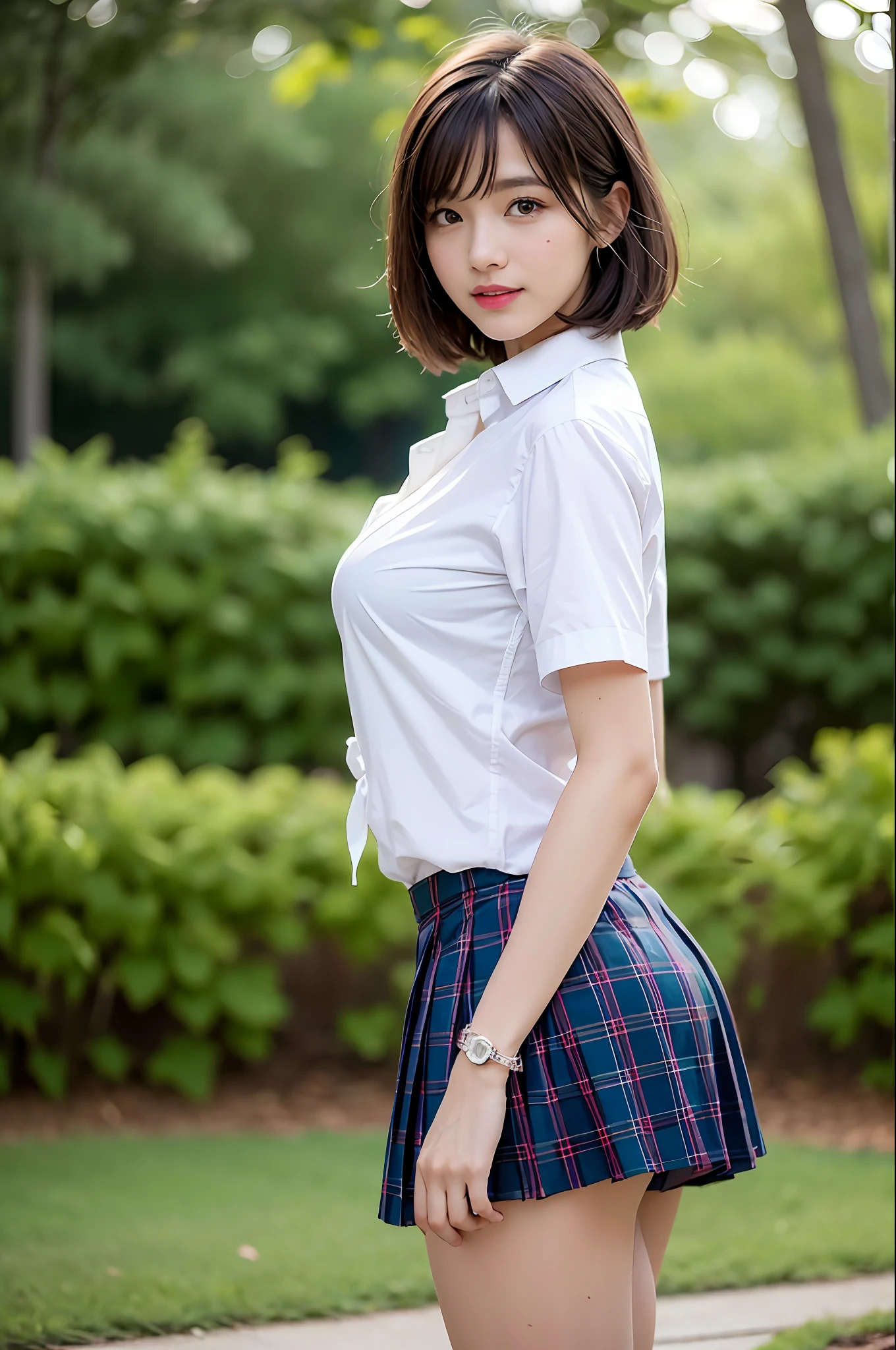nsfw, 8K raw photo, Best quality, masterpiece, ultra high res, film grain, filmg, 1girl, looking at viewer, natural skin texture, realistic eye and face details, full lips, lipstick, (makeup), red eyeshadow, fluffy short hair, messy hair, smile, close mouth, beautiful legs, tall female, skinny, slim_legs, solo, enormous breast, cleavage, Pose with buttocks facing you, ultra short skirt, ass, shirt, beautiful nature location, around flower location, (detailed background), plaid skirt, white shirt, enormous breast, cleavage, Show a little cleavage through the shirt, loafers, blurry background, blurry, holding, plaid, short sleeves, jk ribbon on the neck, jk ribbon, brown hair, bracelet, water, bangs, school uniform, jewelry, parted lips, lips, from side, pleated skirt, depth of field