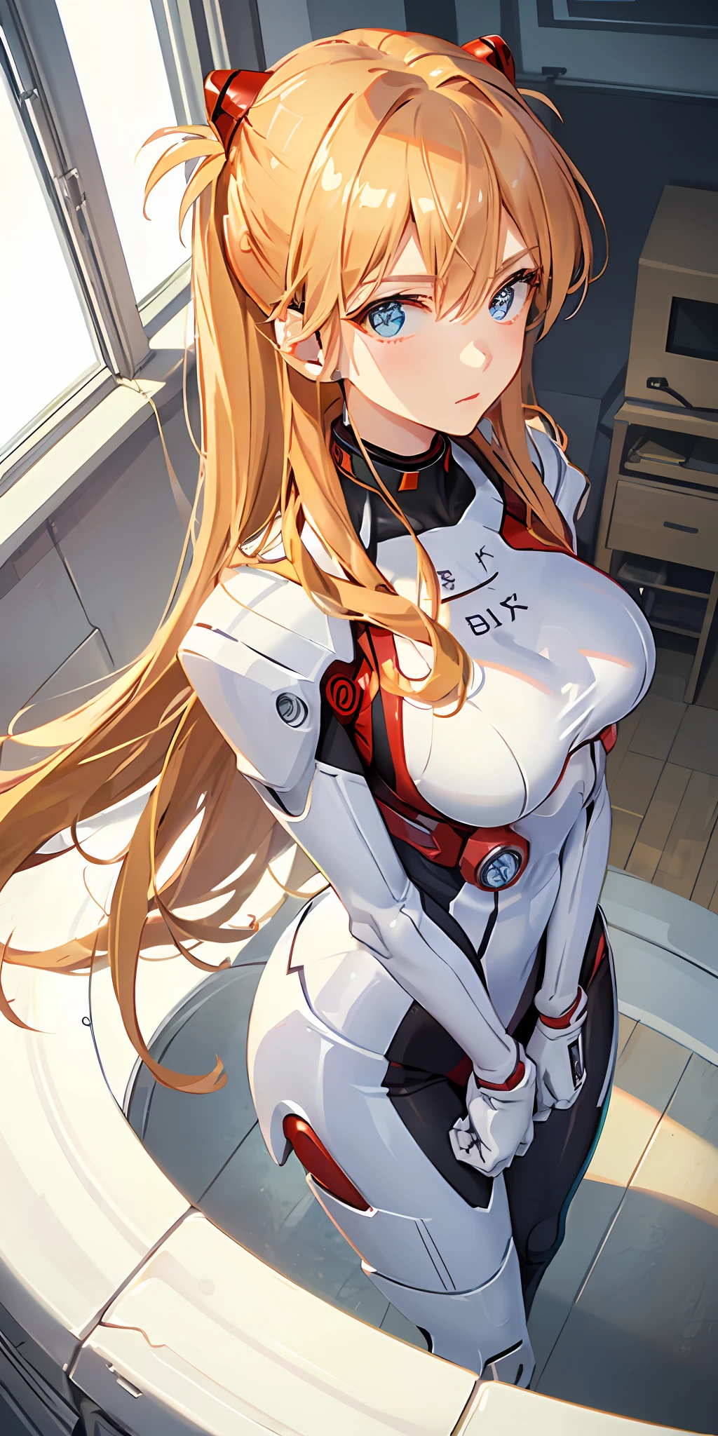 (Overhead view),dynamic angle,ultra-detailed, illustration, close-up, straight on, 1girl, 
 ((souryuu asuka langley, interface headset, red bodysuit:1.4, blonde)),Her eyes shone like dreamy stars,(glowing eyes:1.233),(beautiful and detailed eyes:1.1),(expressionless,closed mouth),(standing), 
(mechanic room with toolsand spaceship windowin a white SPACESHIP),
(night:1.2),dreamy, [[delicate fingers and hands:0.55]::0.85],(detail fingers),