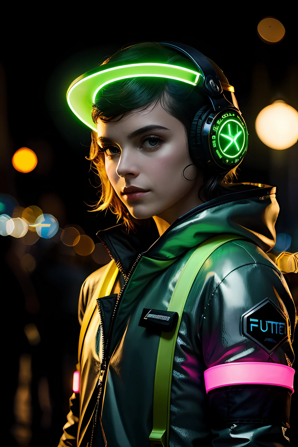 Foto de retrato de um cara barbudo musculoso em um roupa de motoboy, surrounded by an electric atmosphere and illuminated with a green neon glow, bolsa de entregador do futuro, luzes piscantes, (bokeh claro)++, intrincado, (steel metal (ferrugem)-)+, elegante, sharp-focus, foto de Greg Ruttowski, gentle illumination, cores vibrantes, (obra-prima)+, (ruas)++, (rosto detalhado)+, futurista, hightech, scifi