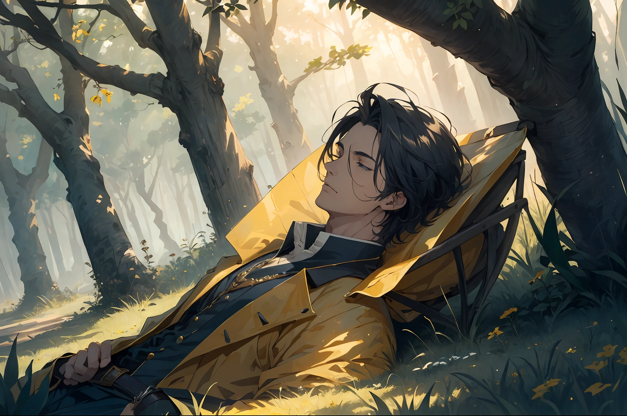 (1man), solo, beautiful detailed eyes, {{{masterpiece}}}, {{{best quality}}}, {{ultra-detailed}}, {illustration}, cinematic angle, {beautiful detailed eyes}, {detailed light},cinematic lighting, hairless body. In a dreamlike setting, a strikingly handsome man lies in a state of deep slumber. His face is calm and serene, his lips gently parted in a peaceful breath. The man is reclined on a bed nestled within a sun-drenched meadow, where vibrant wildflowers sway softly in the breeze. Rays of golden sunlight filter through the canopy of trees, casting a warm glow on his sleeping form. The air is filled with the soft hum of nature, a gentle symphony of chirping birds and rustling leaves. The surrounding landscape exudes a sense of tranquility and harmony, creating a sanctuary of relaxation.