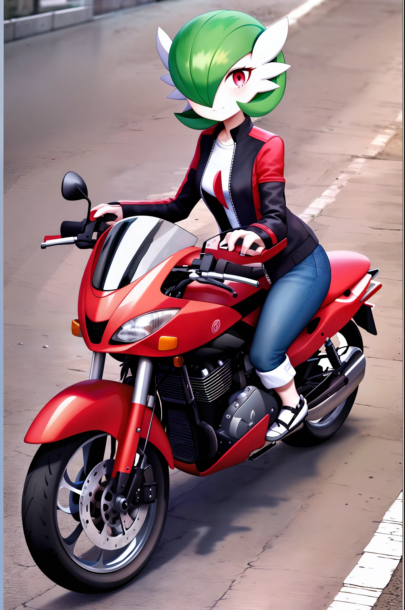 obra maestra, best_quality, 1girl, solo, gardevoir, criaturas \(Company\), game freak, nintendo, pokemon, pokemon \(juego\), flequillo, enfoque femenino, pokemon gen 3, cabello verde, piel verde, cabello sobre un ojo, pokemon \(criatura\), ojos rojos, cabello corto, piel de porcelana, piel blanca, carretera, sobre una moto, con casco para motocicleta debajo del brazo, pantalones ajustados, chaqueta de cuero, senos femeninos, senos medianos, en un estacionamiento, moto detallada.
