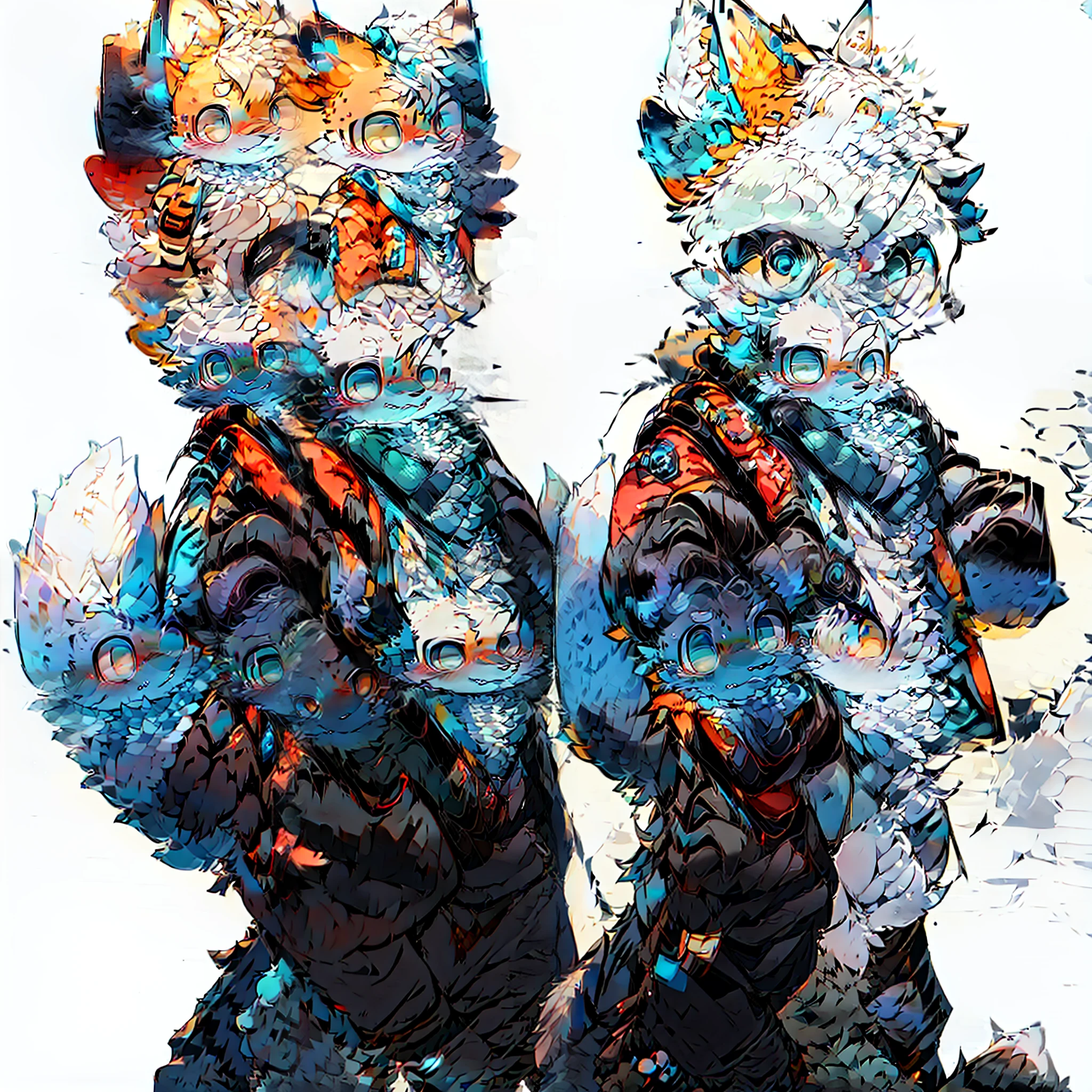 Furry male two blue white yellow pattern fox bright pupils big tail standing wearing blue cotton jacket cyberpunk