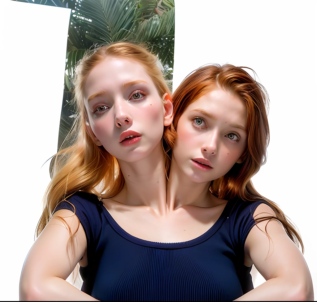 2heads, two headed girl, mom and daughter, (one torso:1.5), pale skin, Scottish redhead, teenager, white girls, different ages, (two heads on one body:1.4), (first head uncomfortable:1.5), (second head unhappy:1.5) conjoined twins, one torso, young, uncomfortable, barefoot