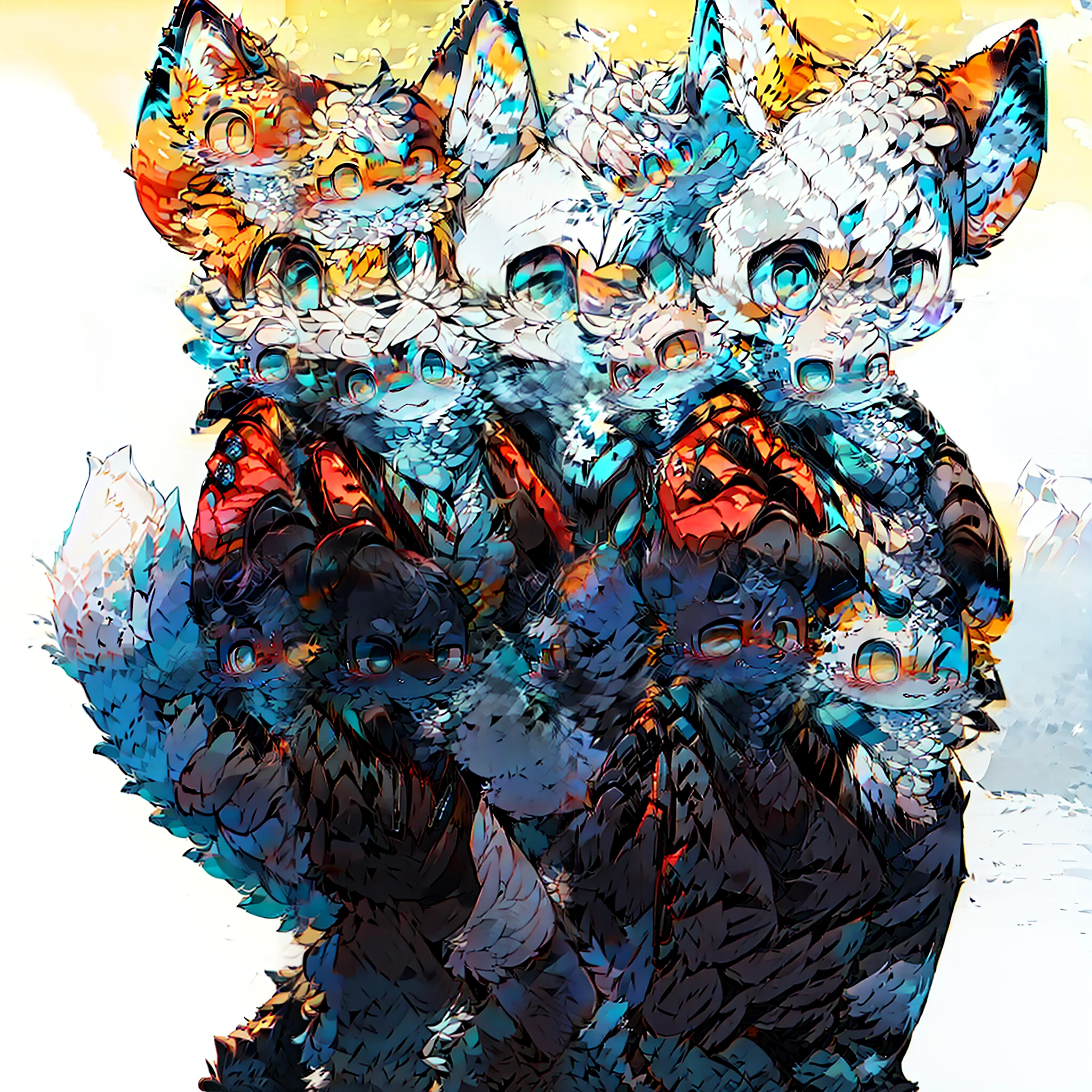 Furry male two blue white yellow pattern fox bright pupils big tail standing wearing blue cotton jacket cyberpunk