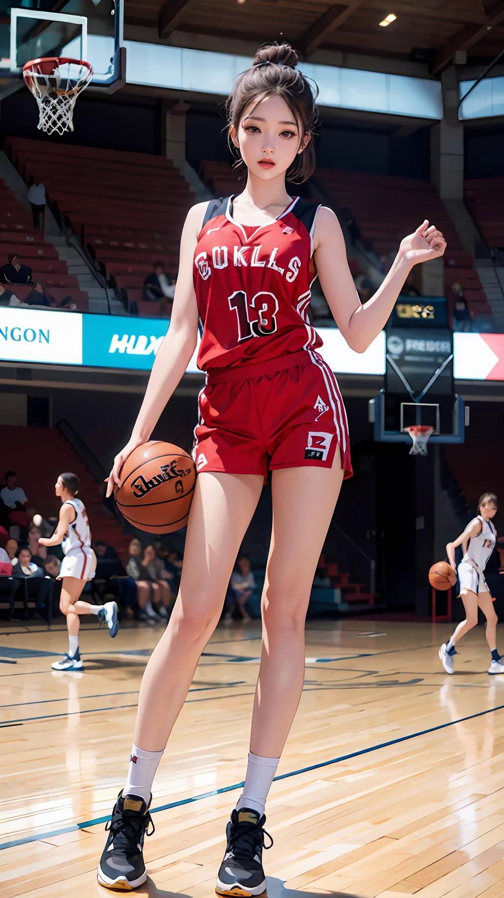 (10, RAW photo, bestquality, masterpieces:1.2), (Realistic, photo-realistic:1.4), illustration, highres,hexagon,(1girl), ornate, rough skin, (oval face:1.1), Professional lighting, photons mapping, radiosity, Physically Based Rendering, kawaii, full-body,
wear basketball uniform, ((cleavage)), at  basketball court, pureerosface_v1:0.3