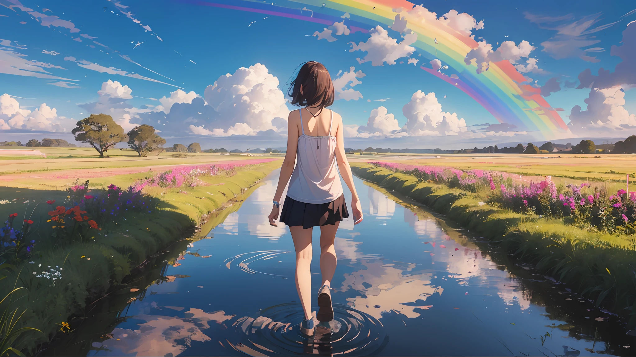 Positive feeling girl good afternoon walking after rainy sun clearing countryside happy distant view puddle looking up at rainbow sky、camisole、
