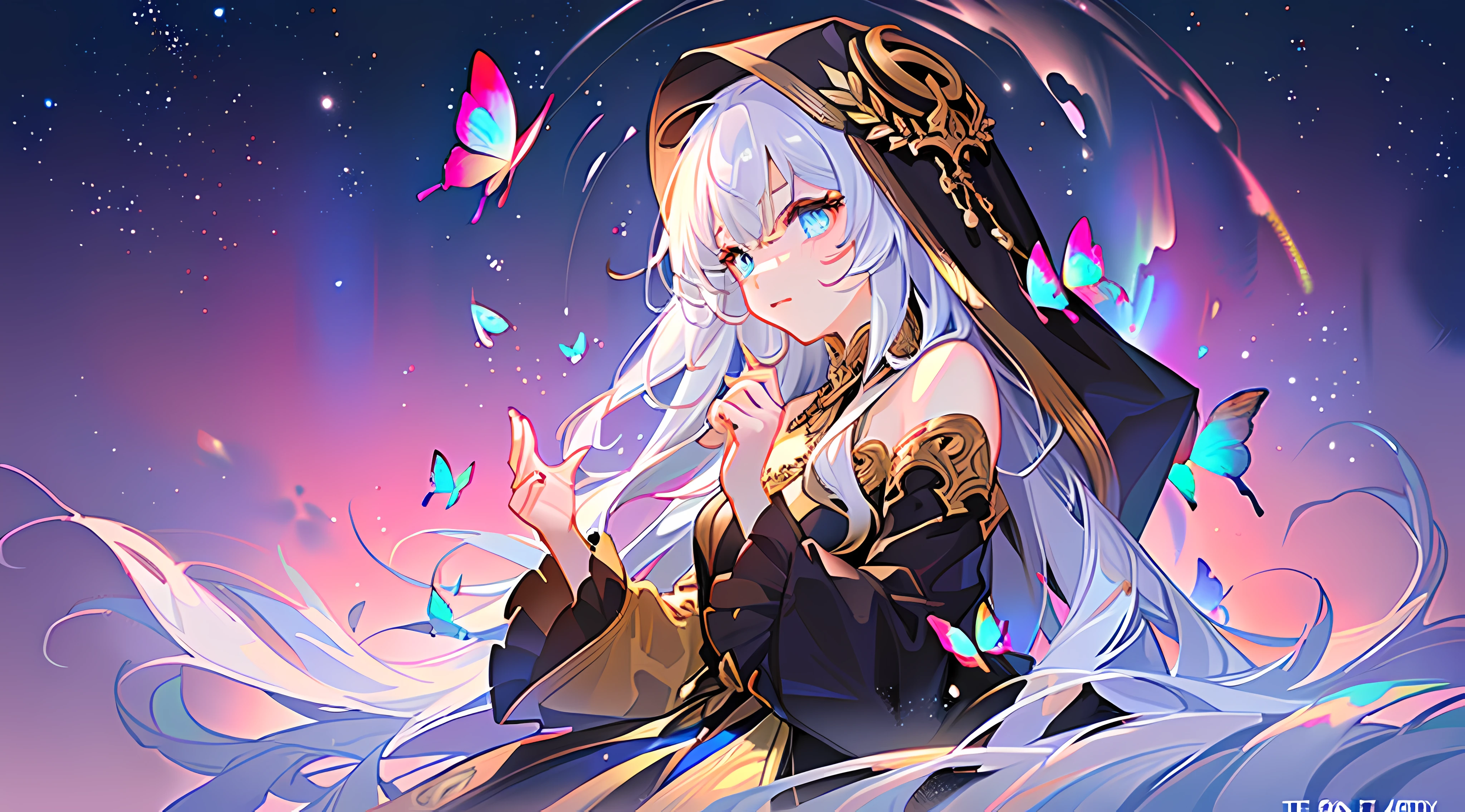agirl,(Gold-patterned hood,There are colorful flowers on the cap,Messy and flowing hair,length hair,whitehair,Blue eyes,glass pupil,Cherry small mouth,Distant View),prette,Cutes, (Black trench coat,Wide sleeves,Prayer gestures:1.2), (At night sky,Light is emitted from the bottom,flowers fields,glowing butterflies:1.3), Close up of,Haut du corps,(the best quality,ultra fine,nmasterpiece:1.3),Original,extremelydetailedwallpaper,(perfect litthing),(extremely details CG:1.2),brushwork,paint brushes,animel,comic strip,