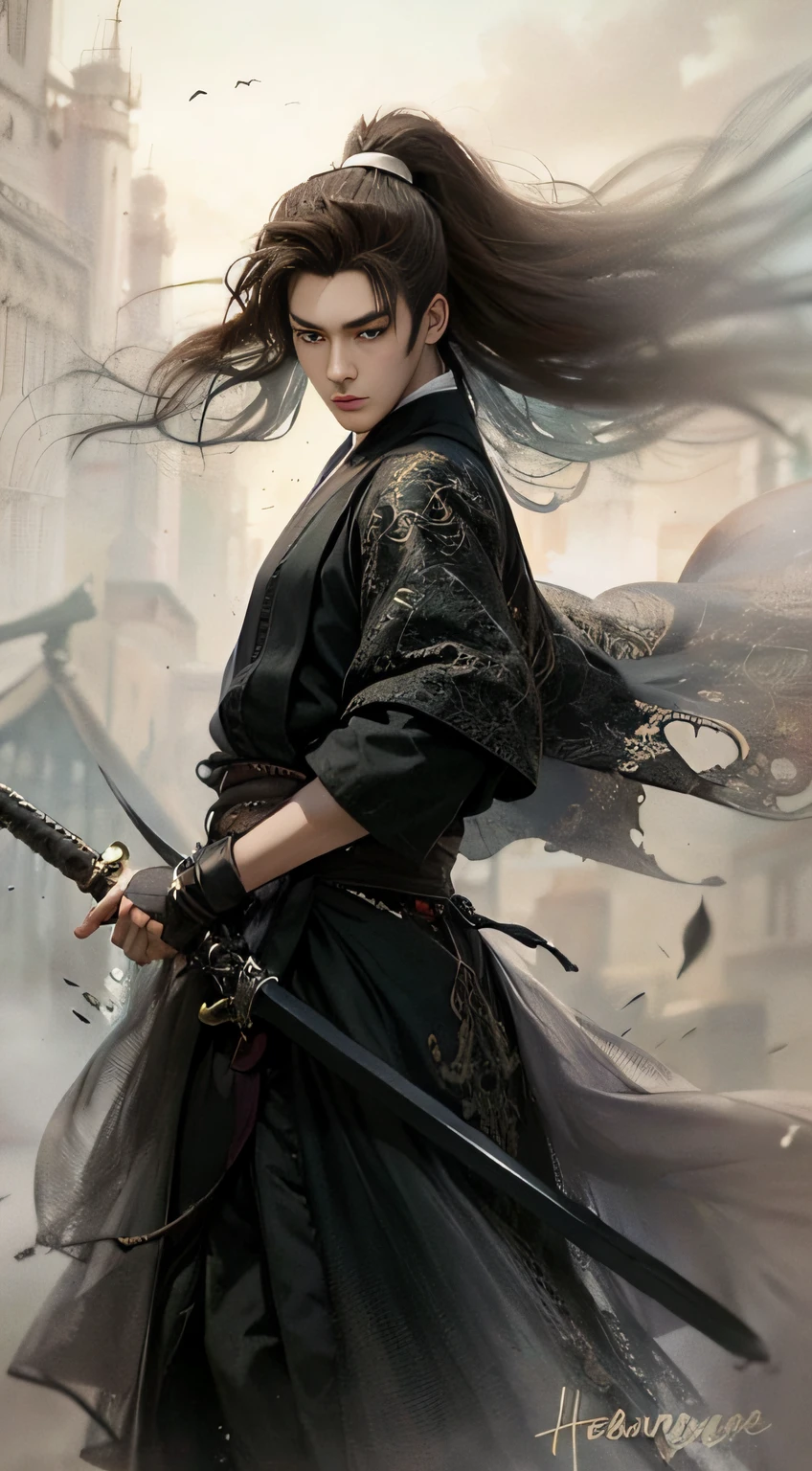A warrior,length hair,Hanfu,Robe,Sword,Handsome face shape,extremely lifelike:1.2