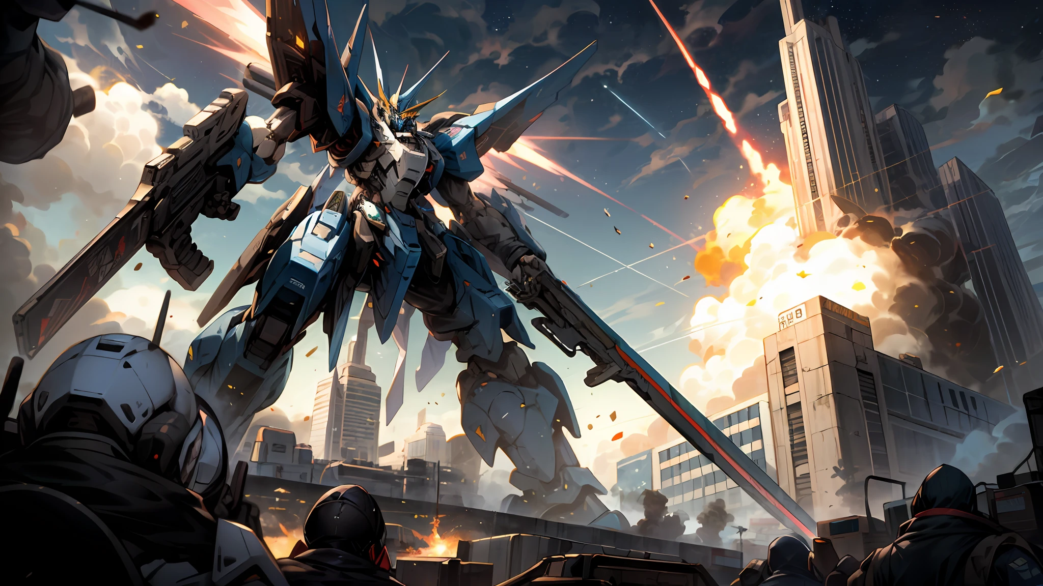 sky, cloud, holding_weapon, no_humans, glowing, , robot, building, glowing_eyes, mecha, science_fiction, city, real, mech, snipe colony with strongest beam and shoot down destruction, possess double rifle, strafe funnel, attack for revival, space colony explodes