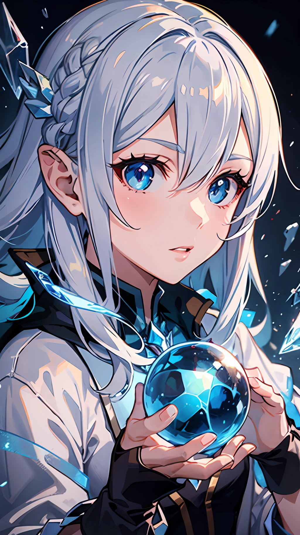 Anime, a girl with blue eyes holding a crystal ball, ice mage, Isekai, epic mage girl character, ice spell, popular isekai anime, a sorceress casting a ice ball, alchemist girl, portrait of a female mage,