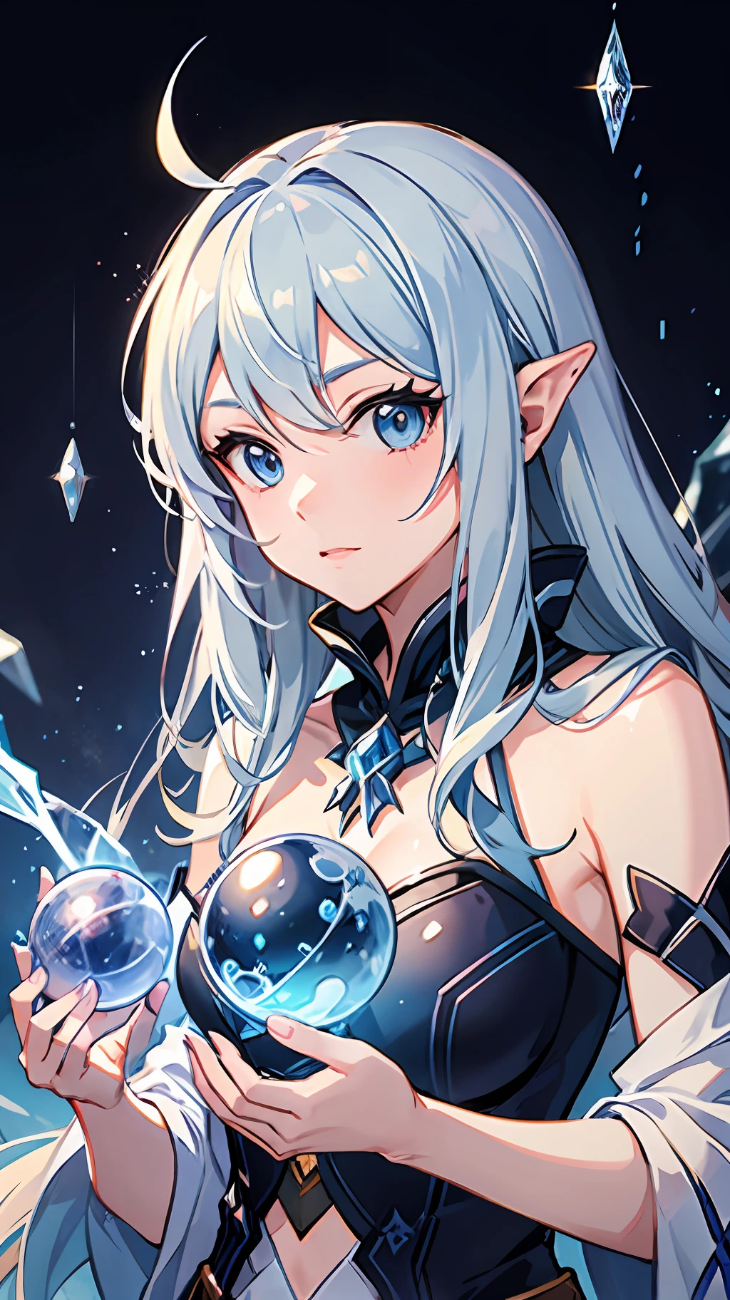 Anime, a girl with blue eyes holding a crystal ball, ice mage, Isekai, epic mage girl character, ice spell, popular isekai anime, a sorceress casting a ice ball, alchemist girl, portrait of a female mage,