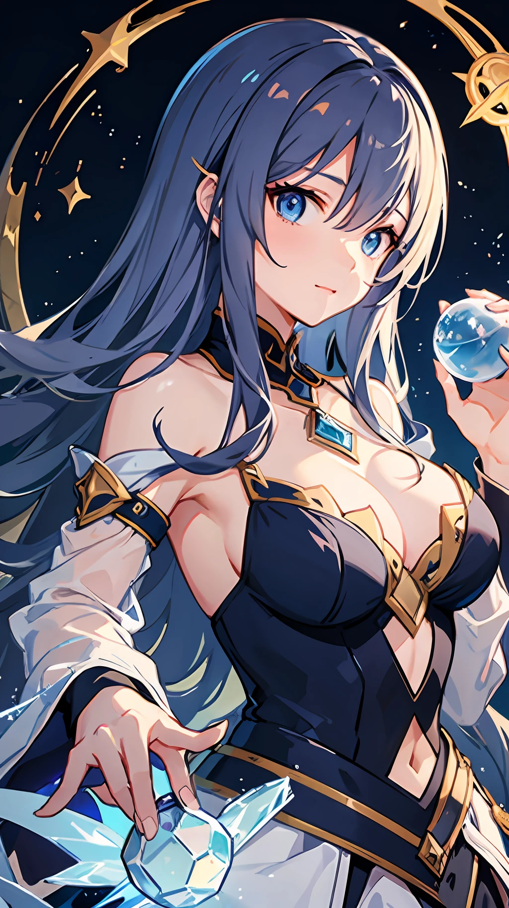 Anime, a girl with blue eyes holding a crystal ball, ice mage, Isekai, epic mage girl character, ice spell, popular isekai anime, a sorceress casting a ice ball, alchemist girl, portrait of a female mage,