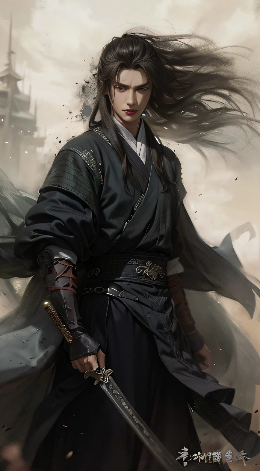A warrior,length hair,Hanfu,Robe,Sword,Handsome face shape,Fierce and evil,The eyes are murderous,extremely lifelike:1.2