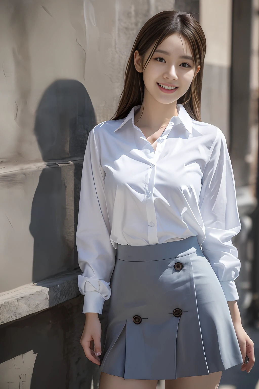 ((Best Quality, in 8K, Maste Piece: 1.3)), Japanese cool beauty, empty blue background: 1.8, White shirt, Gray skirt, Highly detailed facial and skin texture, Smile, fashion model pose
