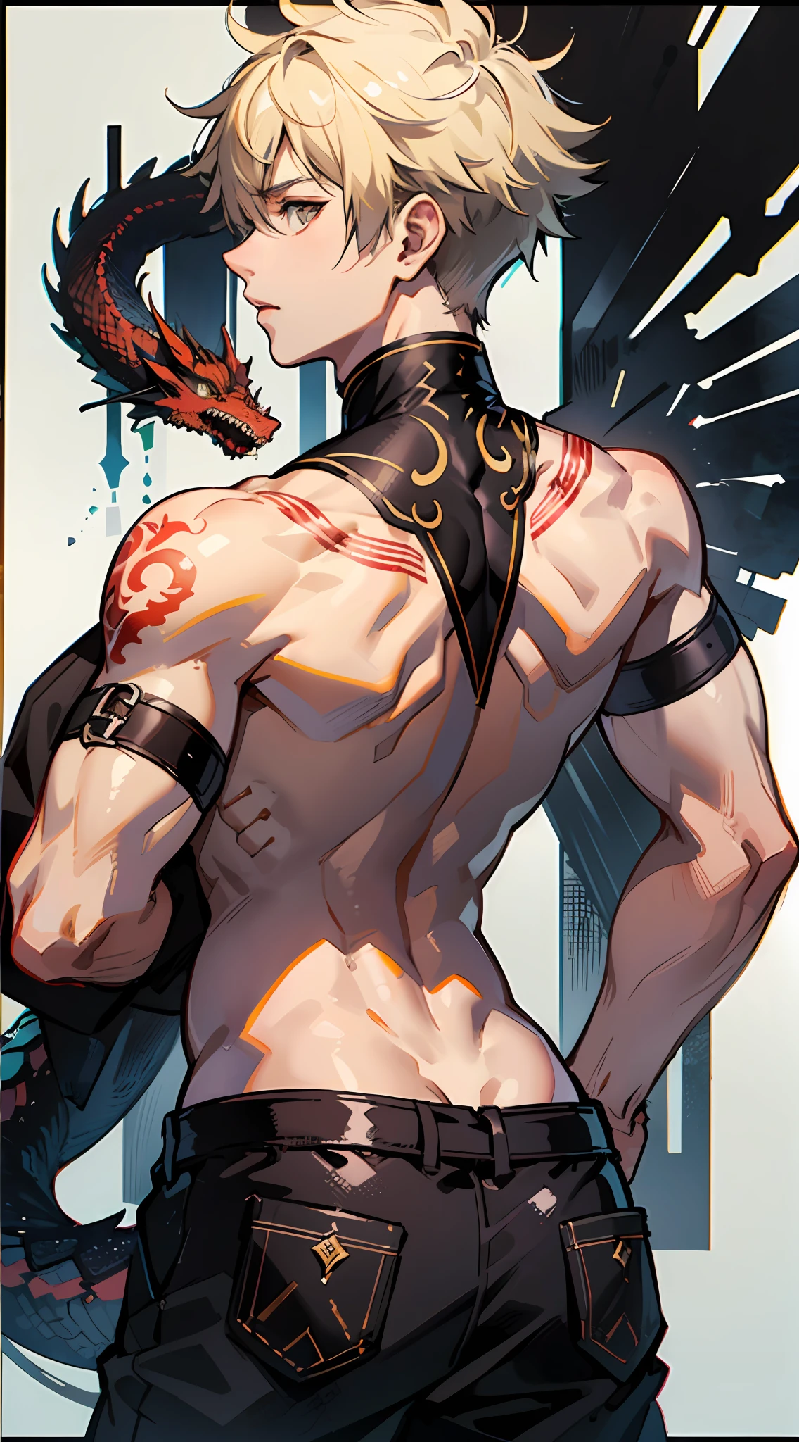 Master masterpiece、the best quality、8K、 male、katsuki bakugou、black trousers、Upper body naked、(Dragon tattoo on shoulder and back:1.2)、a dagger