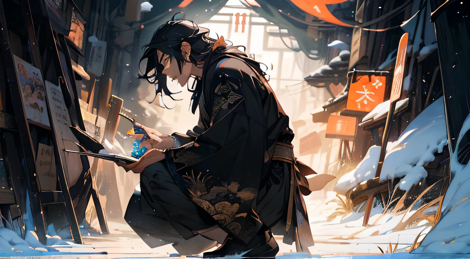 make realistic，（nmasterpiece，top Quority，最佳质量，offcial art），Heavily detailed，Colorful，Most detailed，Fairy chalet，Broad background，Handsome man，black color hair，length hair，Black robes，Kamimei，