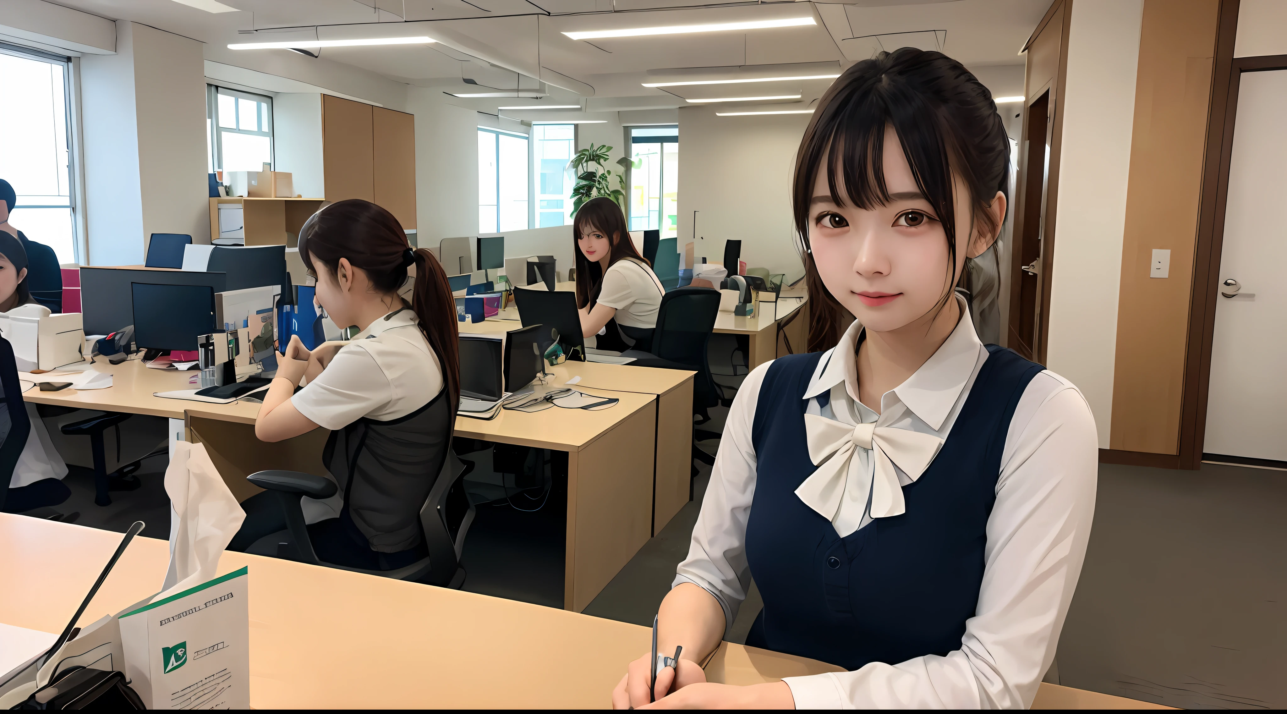 1人、Female about 23 years old、vests、bow、a photo、make realistic、beste-Quality、adopt、detailed faces、s Office、desks、detailed back ground、Diffused sunlight、Depth of field、Bokeh