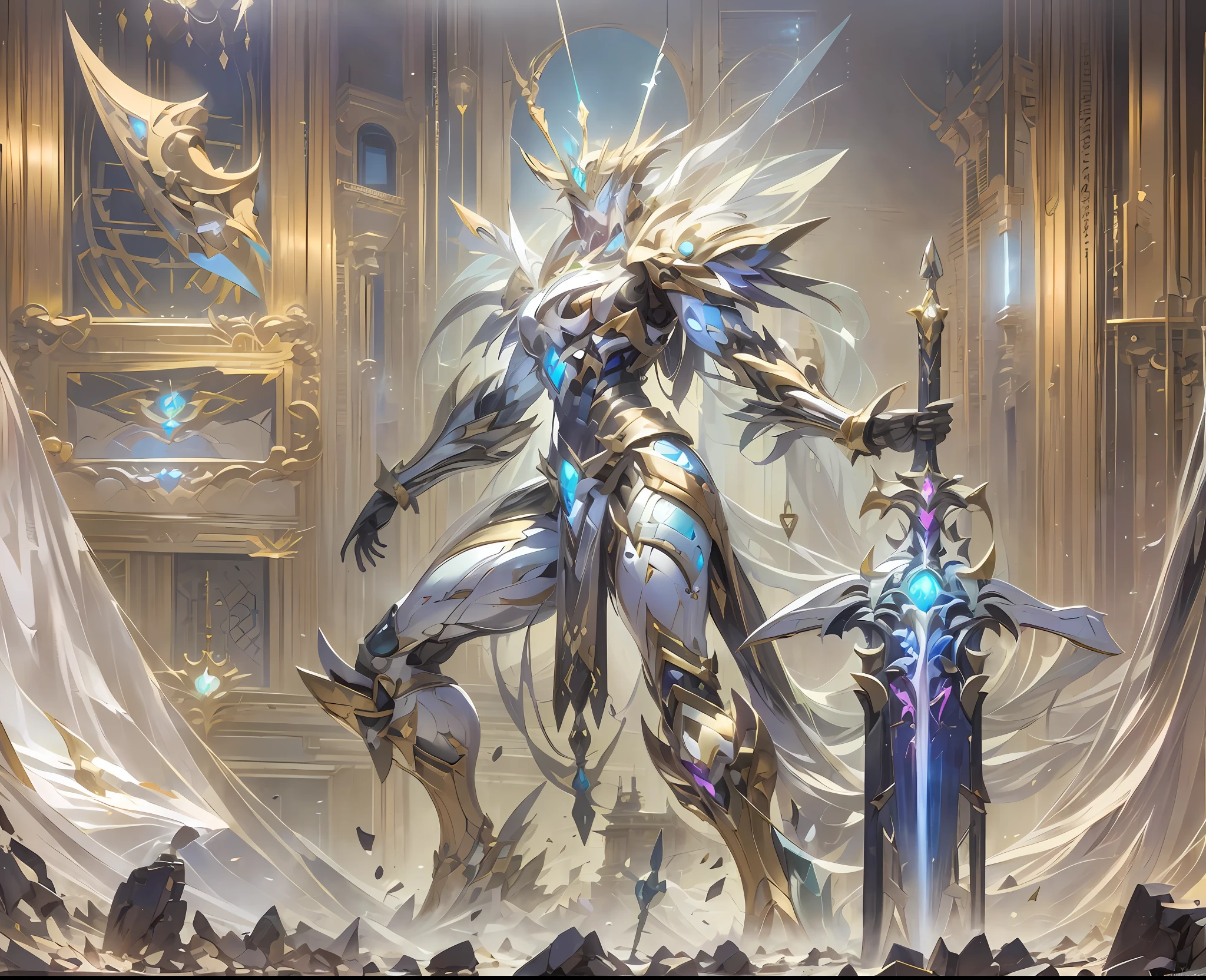 High-quality and elegant painting style,Atmospheric peak background,Li Xin wore a magnificent battle armor and held a magnificent sword,(giant sword:1.8),(((巨作))),(((Best quality))),((Ultra-detailed))((Extremely detailed CG)),((16k wall paper))((An extremely delicate and beautiful)),{Photorealistic},Full body, Detailed light,full bloom,,,A masterpiece from the Canon EOS R6 shooting,((nmasterpiece)) ,cinematiclight,独奏,Unreal Engine 5,the creamy smooth skin