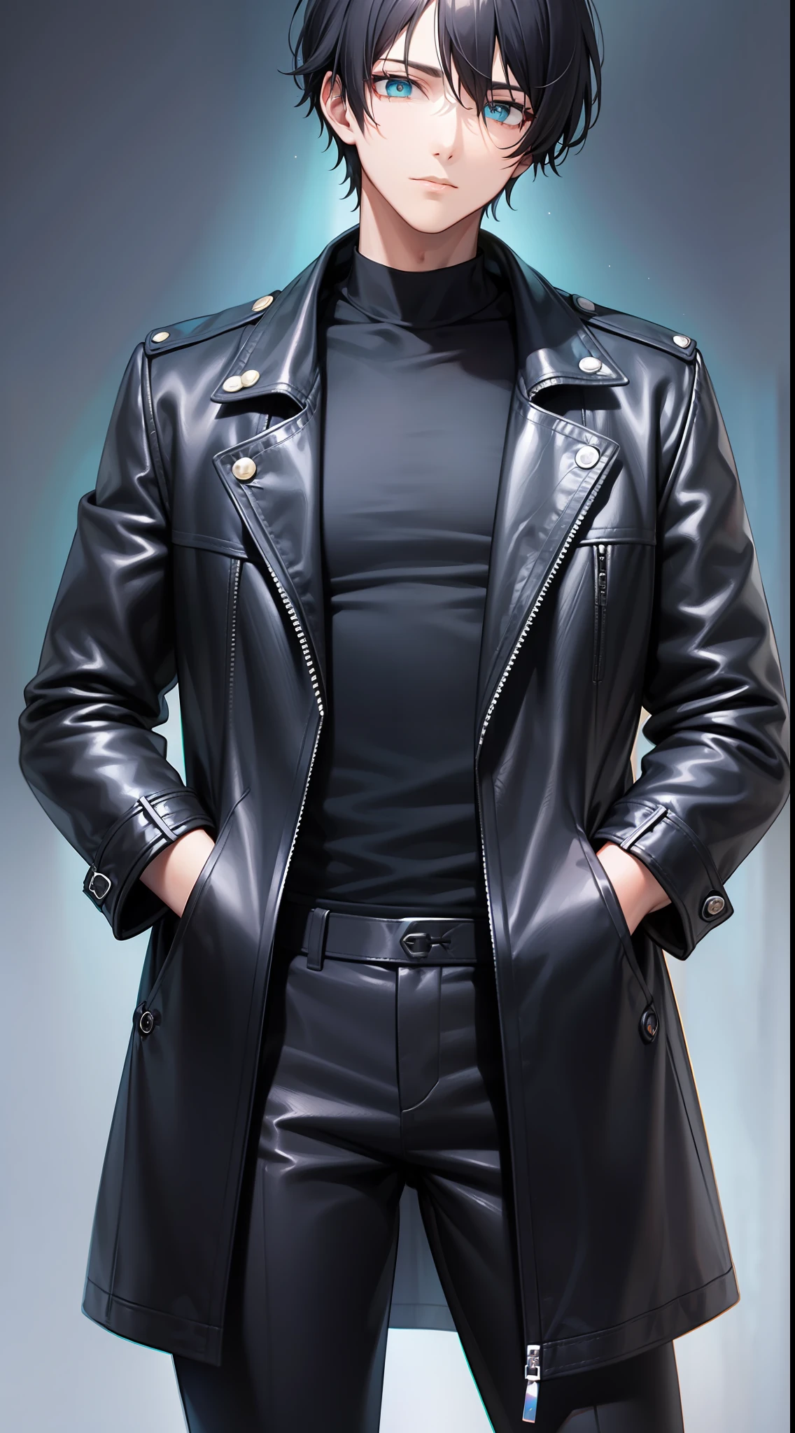 Tall guy, Short black hair, Cyan eyes, leather trenchcoat, black trousers, Black T-shirt, Masterpiece, high qulity