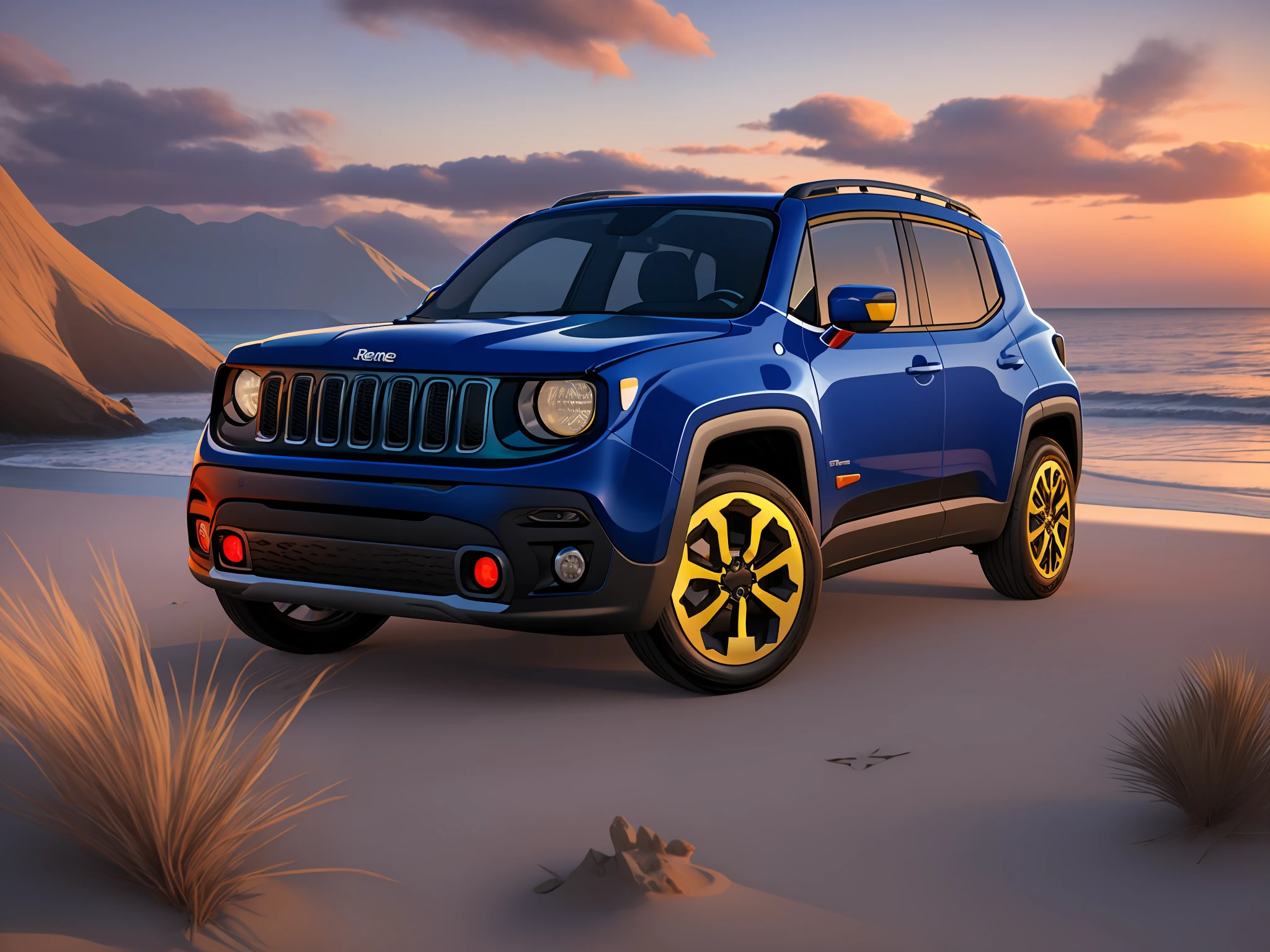 Jeep Renegade Traihawk 2021 purplish
metalic blue dynamic image, golden sunset
beach fantasy, mountain, island, 3D,
realistic, 8k upscaling.