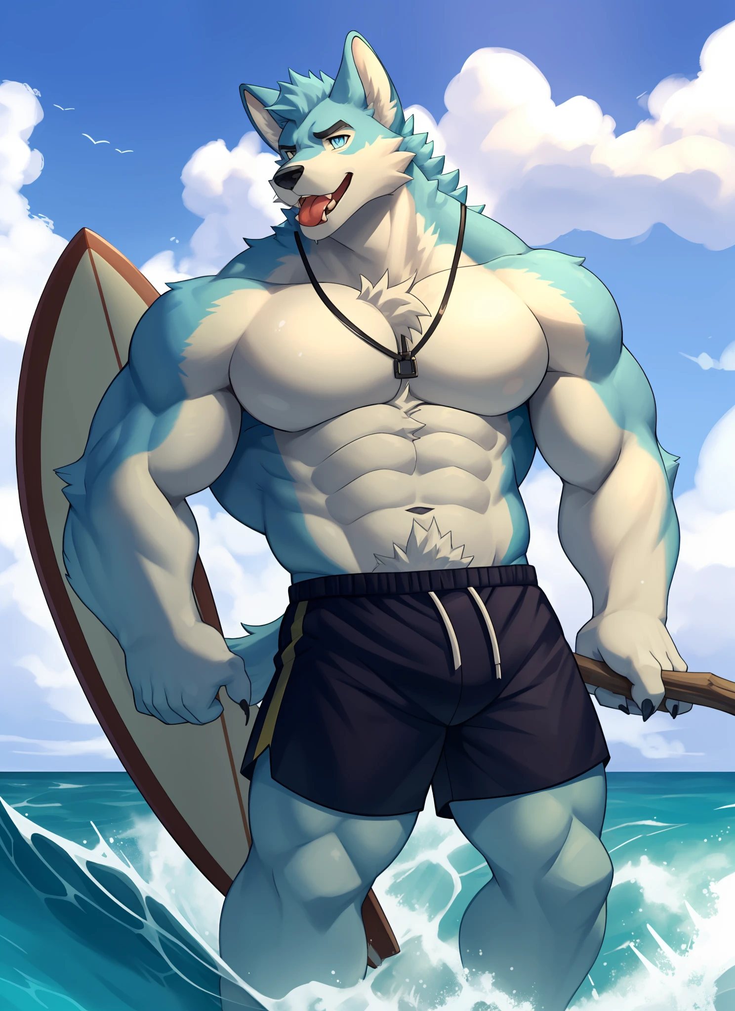 独奏，1boys， Male focus， very muscular， chest muscle， mucular male， Briefs， Sharp nails， During the Day，afloat， Long hairs， Blue fur，Thick legs，Lewd expression，独奏，solo person，swimshorts，Only one person！Cross your hands at the waist，Blue pupil，eye closeup，surfboard，Surfing，ocean swells，Stick out your tongue，Whole human body