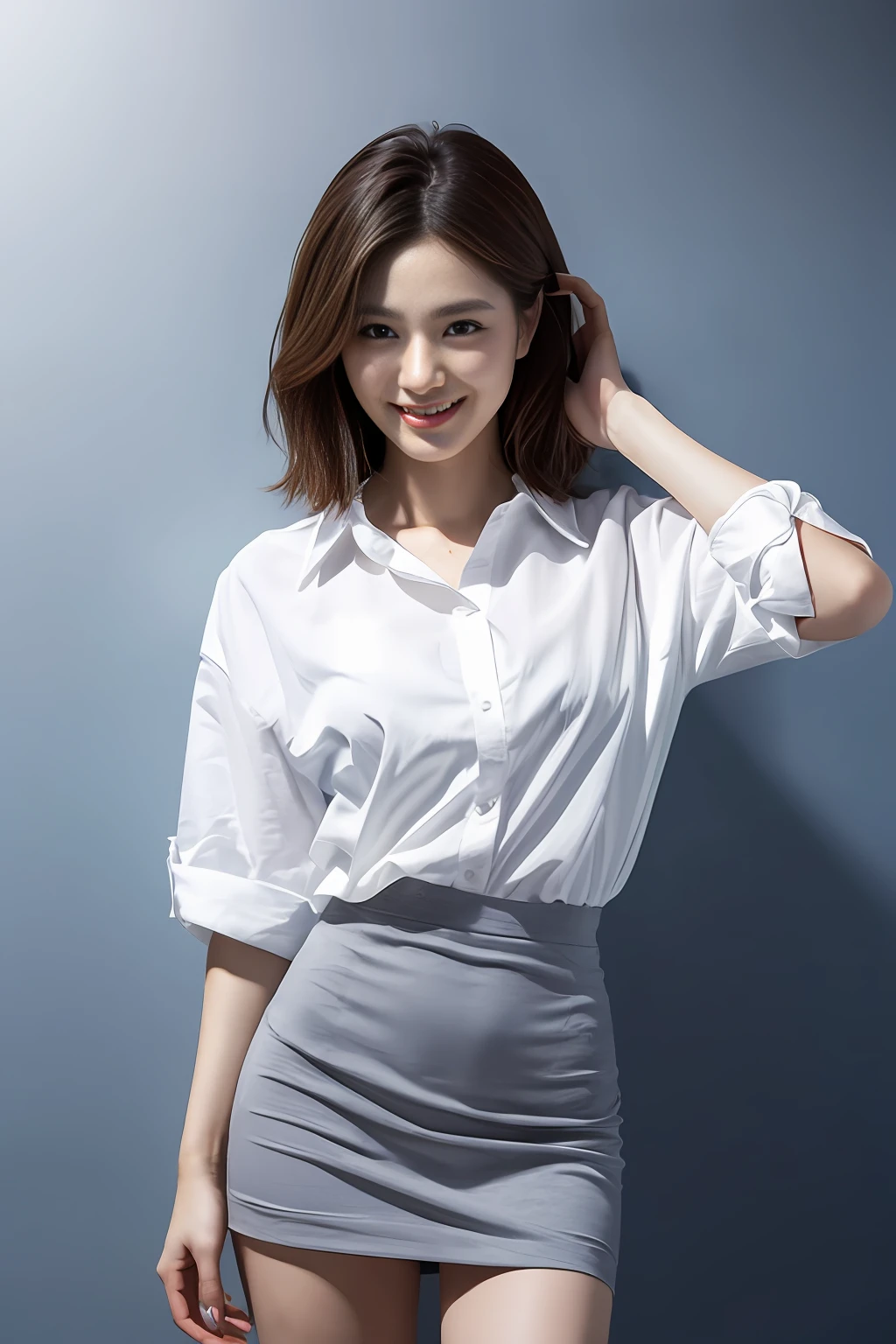 ((Best Quality, in 8K, Maste Piece: 1.3)), Japanese cool beauty, empty blue background: 1.8, White shirt, Gray skirt, Highly detailed facial and skin texture, Smile, fashion model pose