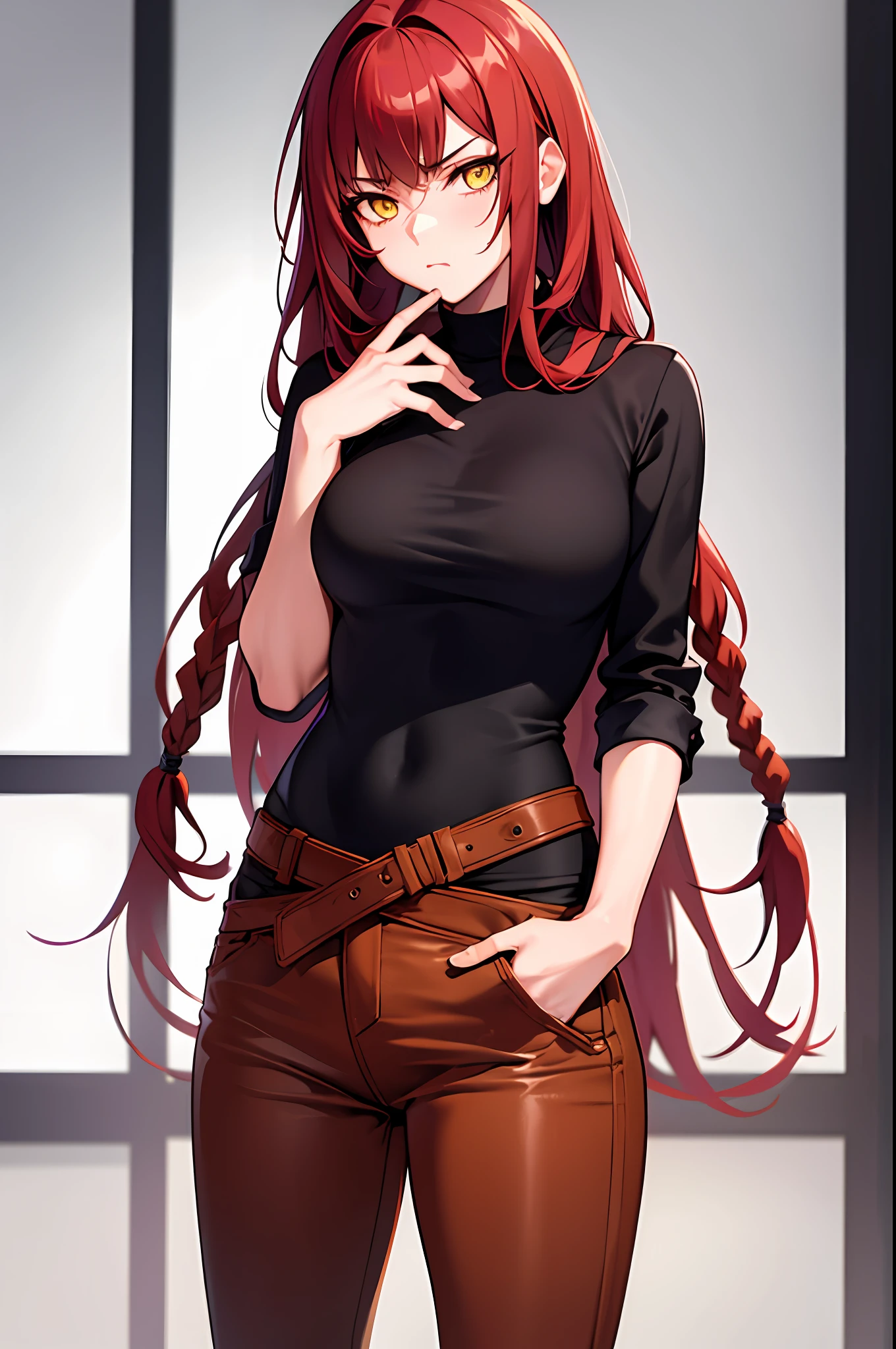 masterpiece, best quality, 1girl, long hair, big bust, very long red hair, jeans, brown pants, cowboy clothes, outer, sexy, sensual, nlanca and brown clothes, yellow eyes, serious, emotionless, adult woman, braids, seductress, hands on waist,