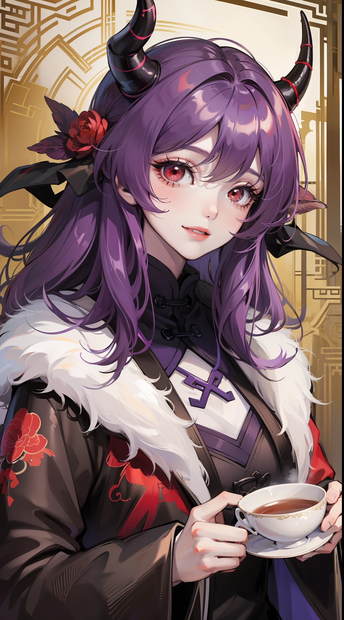 young girl, long curly purple hair, red eyes, Pale, rich Chinese fur coat, Horns, a smile, tea, 巨作, high qulity