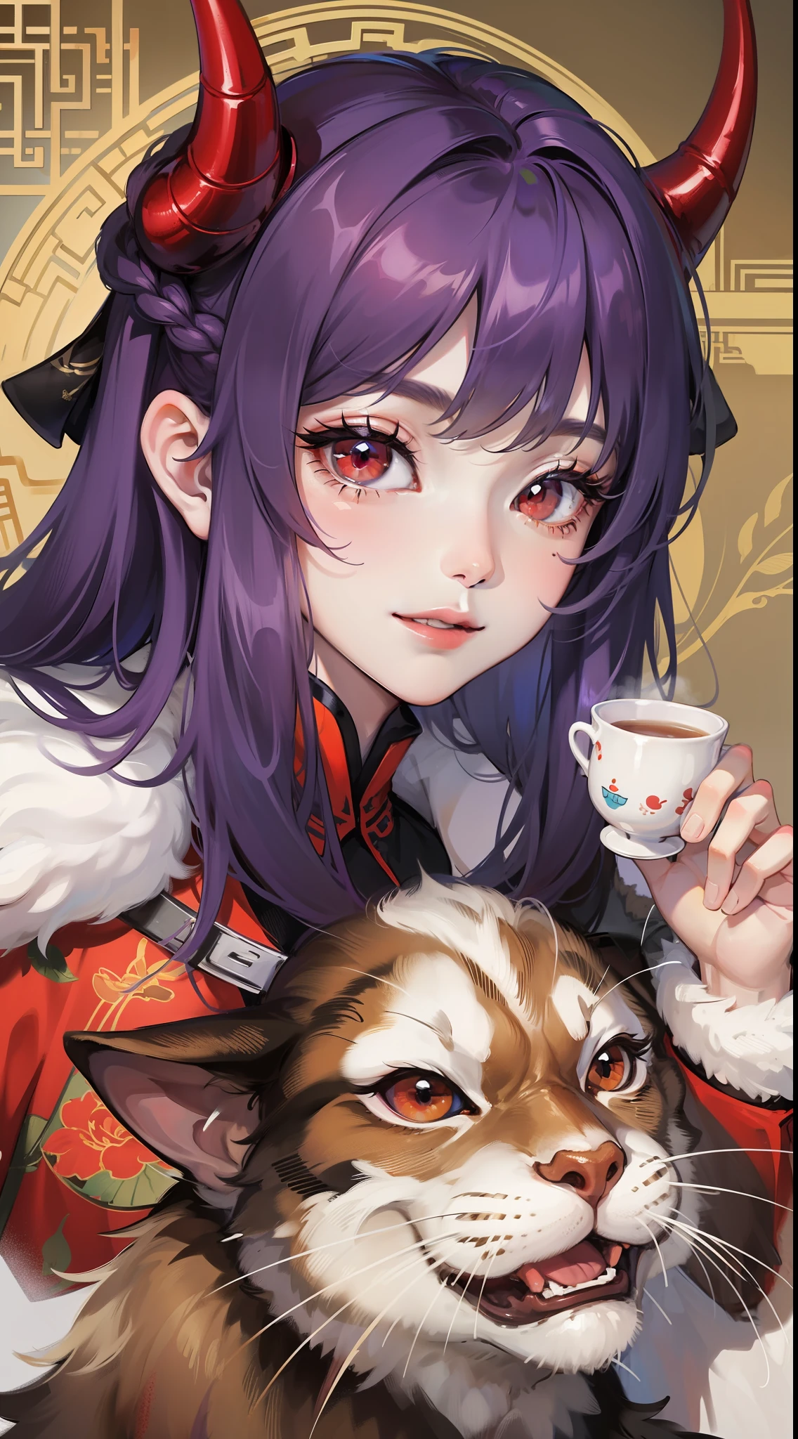 young girl, long curly purple hair, red eyes, Pale, rich Chinese fur coat, Horns, a smile, tea, 巨作, high qulity