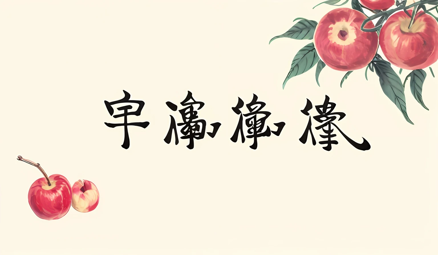 There are apples in the picture，In the middle of the picture is written in brush font，Ink style