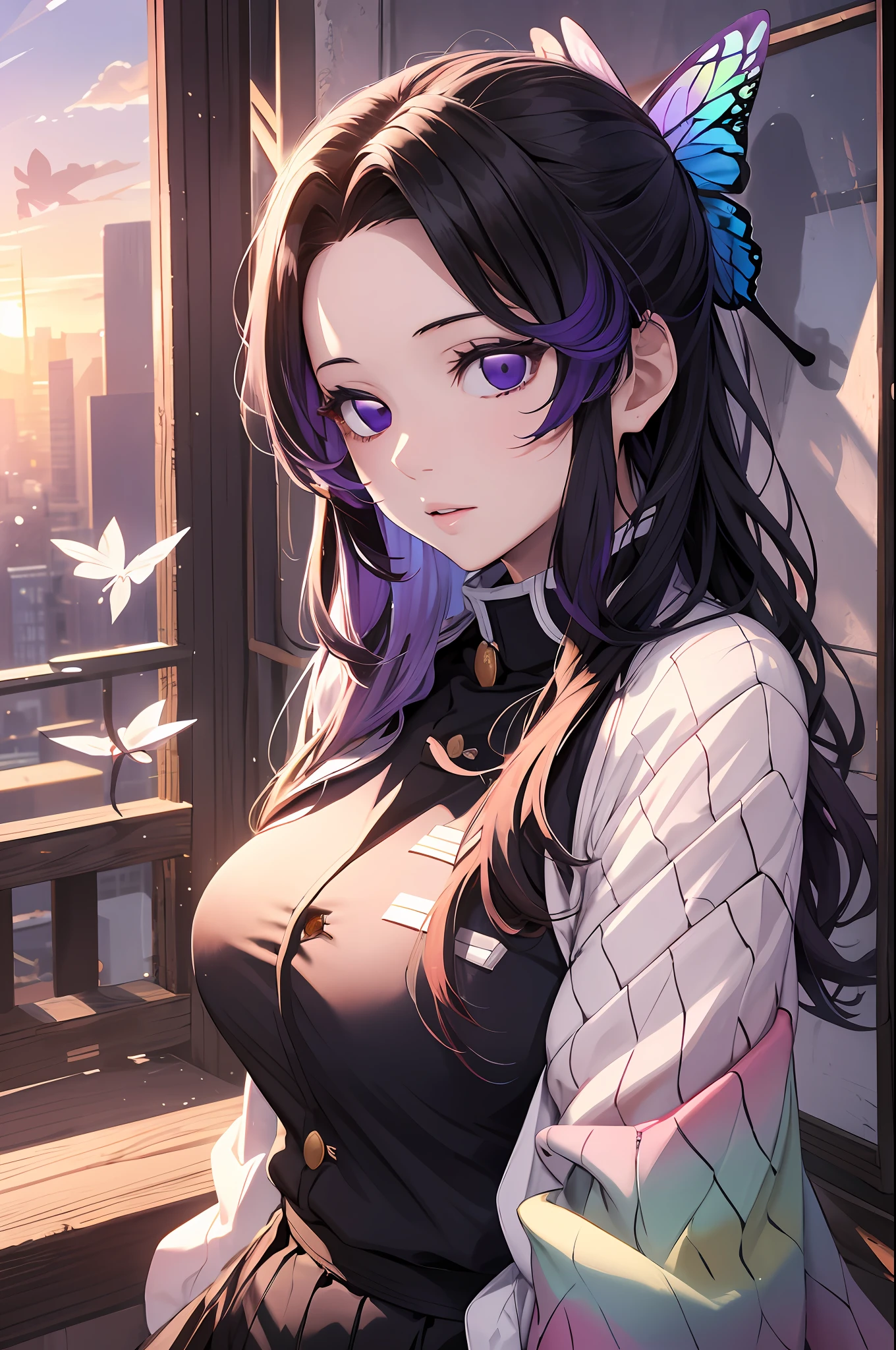 Kochou Shinobu, 1girl,masterpiece, multicolored hair,sleeveless, purple eyes, black jacket,black skirt,uniform, white haori, , multiple butterflies, , laked sunset, lens flare, perfect lighting, highest quality, hands behind, thick thighs, large breasts, highest quality, high resolution.