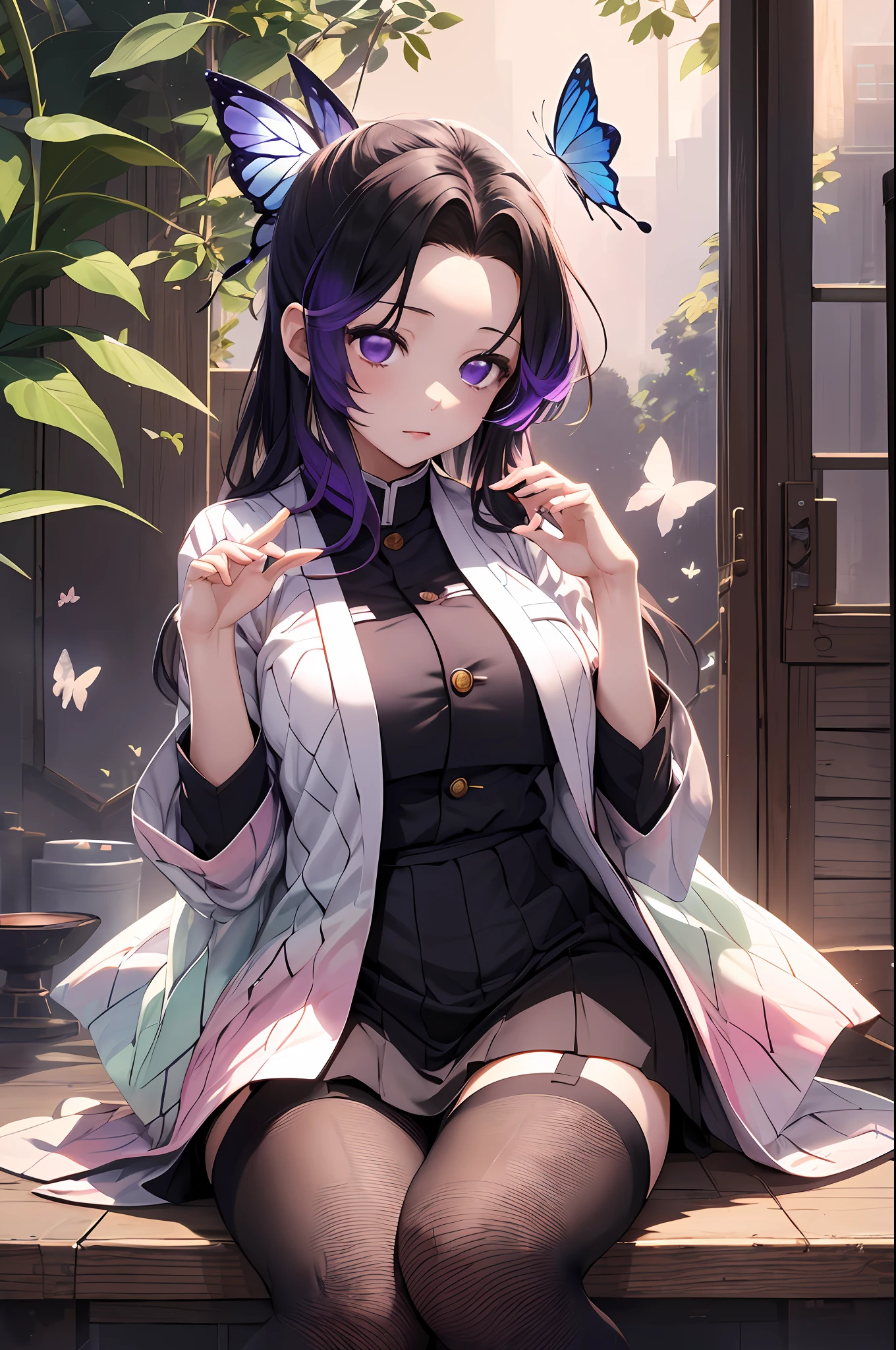 Kochou Shinobu, 1girl,masterpiece, multicolored hair,sleeveless, purple eyes, black jacket,black skirt,uniform, white haori, , multiple butterflies, , laked sunset, lens flare, perfect lighting, highest quality, hands behind, thick thighs, large breasts, highest quality, high resolution.