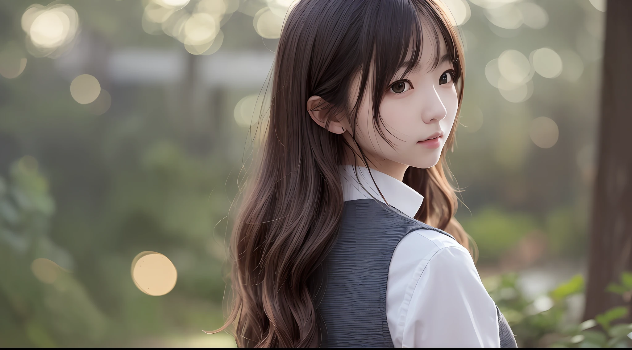 1人、Female about 23 years old、vests、Bow、a photo、make realistic、beste-Quality、adopt、detailed faces、s Office、desks、detailed back ground、diffuse sunlight、Depth of field、bokeh feeling